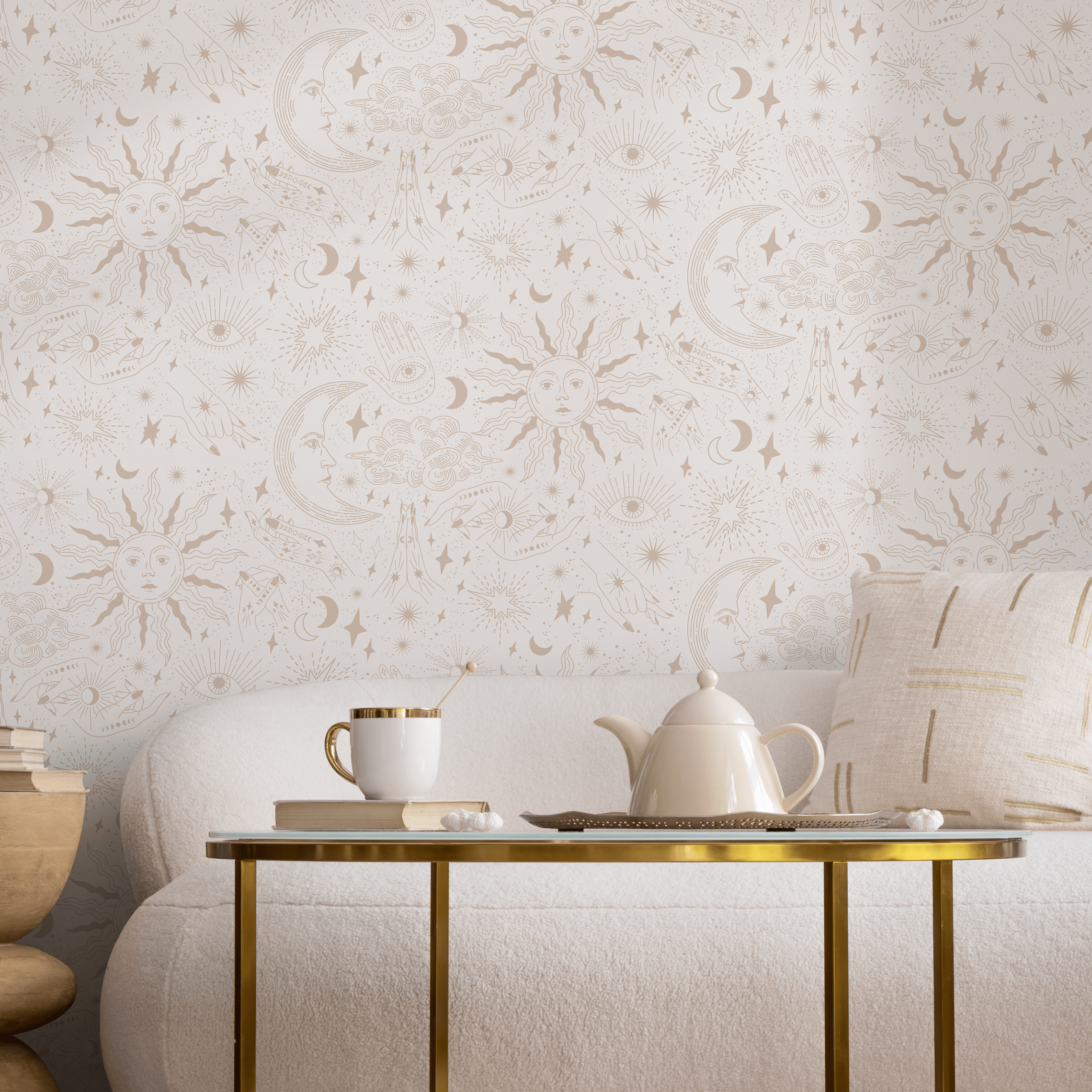 Celestial Wallpaper With Astral Sun, Moon, And Hand Illustrations In Beige - Zabk
