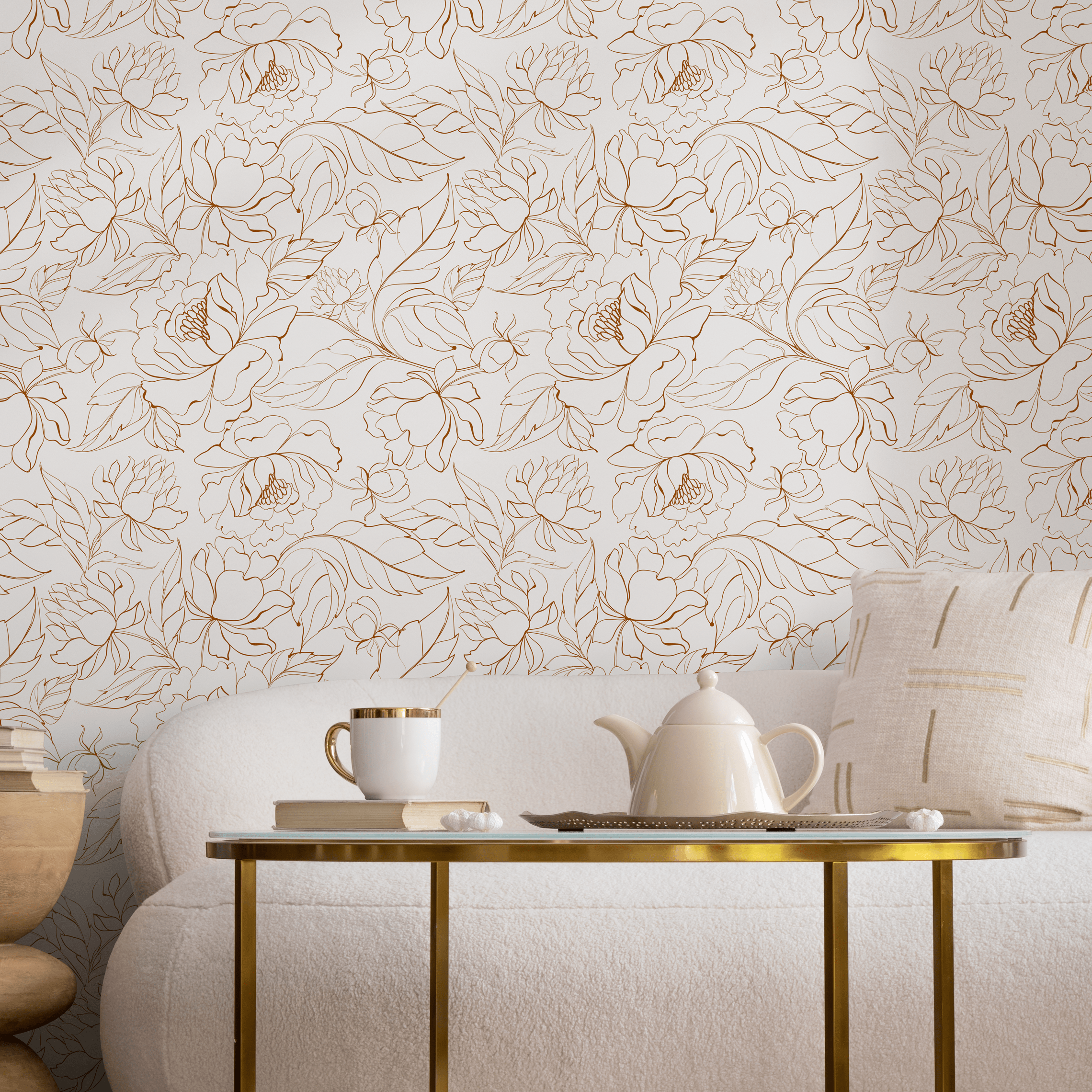 Floral Wallpaper With A Minimalist Peony Line Art Motif In Brown - Zabm
