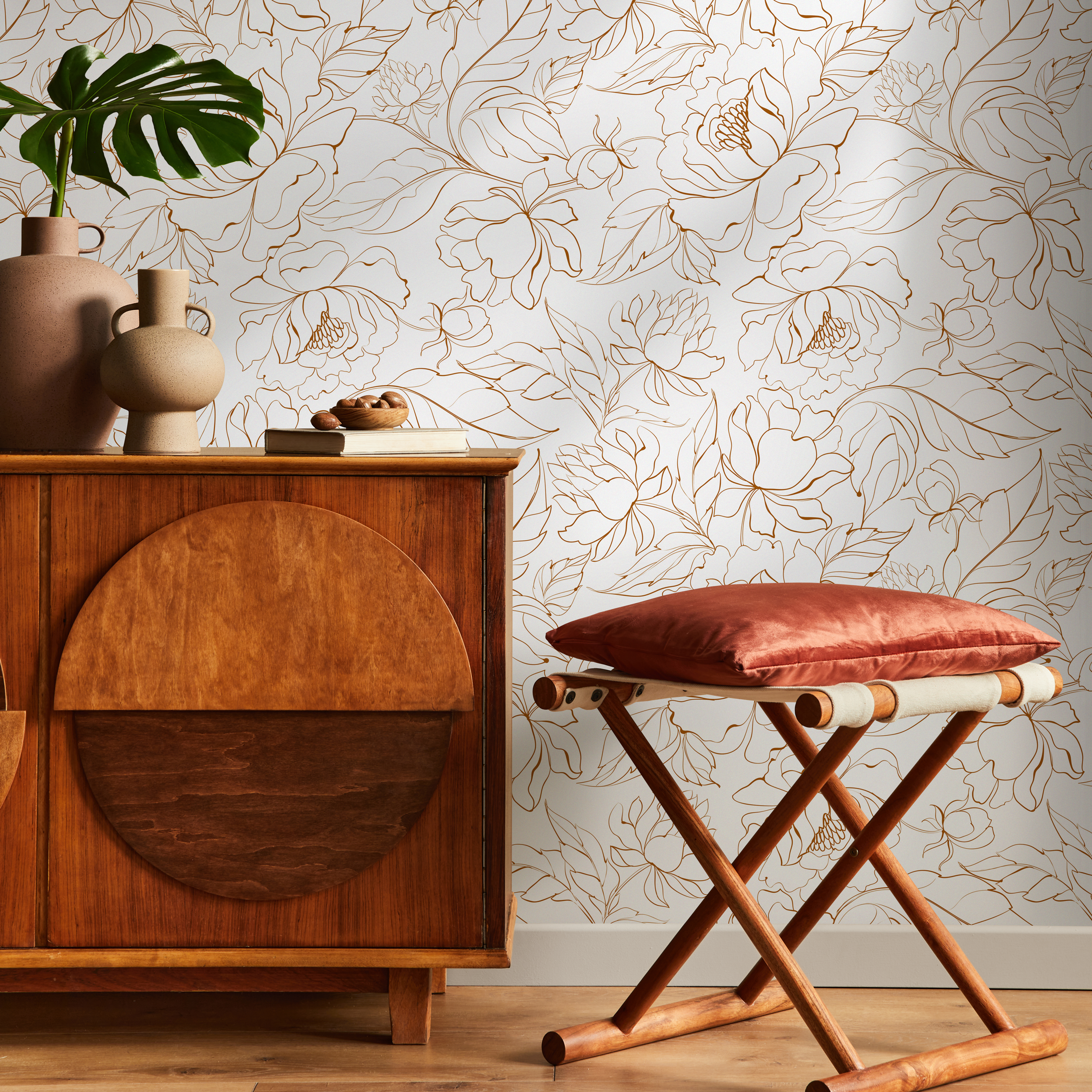 Floral Wallpaper With A Minimalist Peony Line Art Motif In Brown - Zabm