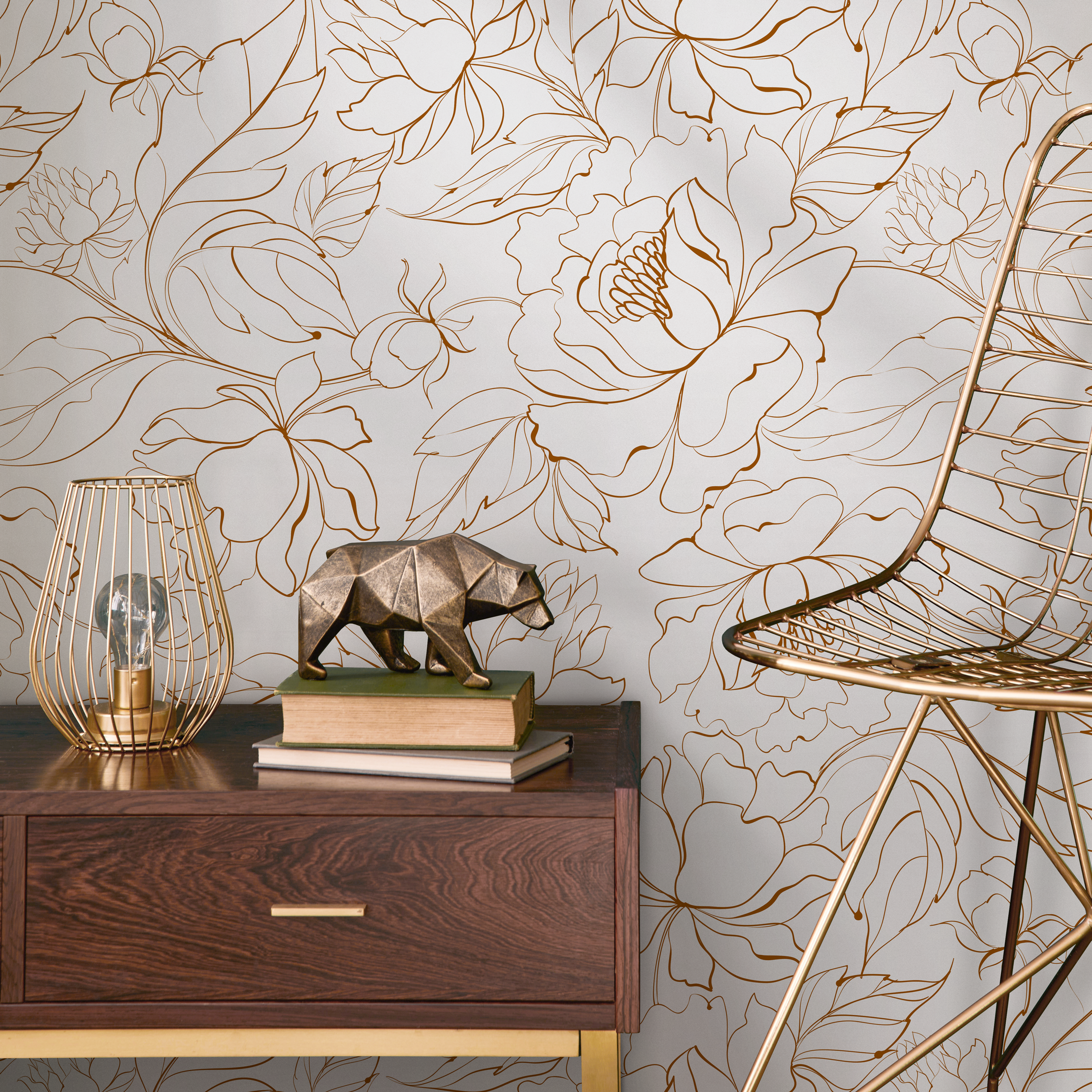 Floral Wallpaper With A Minimalist Peony Line Art Motif In Brown - Zabm