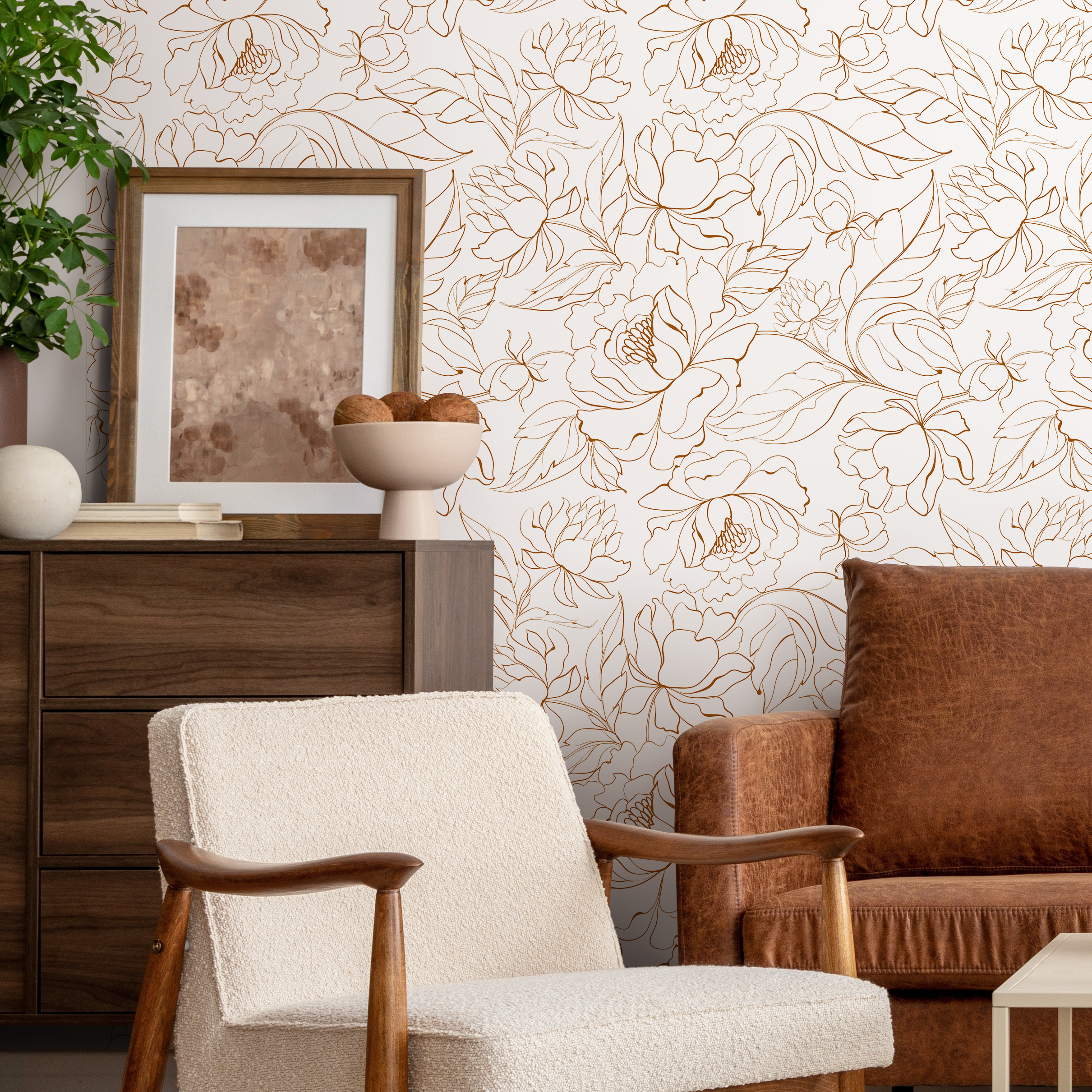 Floral Wallpaper With A Minimalist Peony Line Art Motif In Brown - Zabm