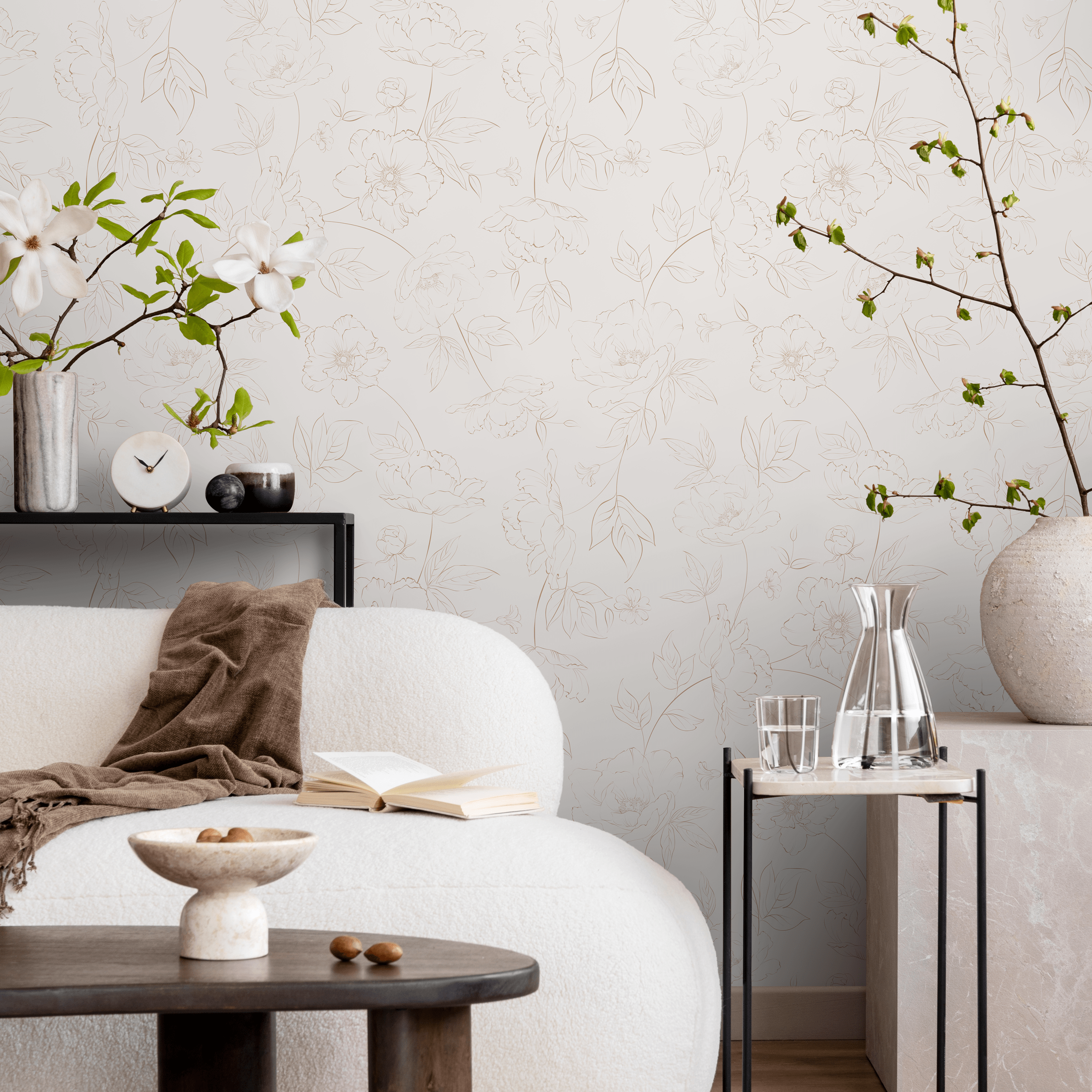 Floral Wallpaper Featuring A Delicate Peony Line Art In Beige And Tan - Zabp