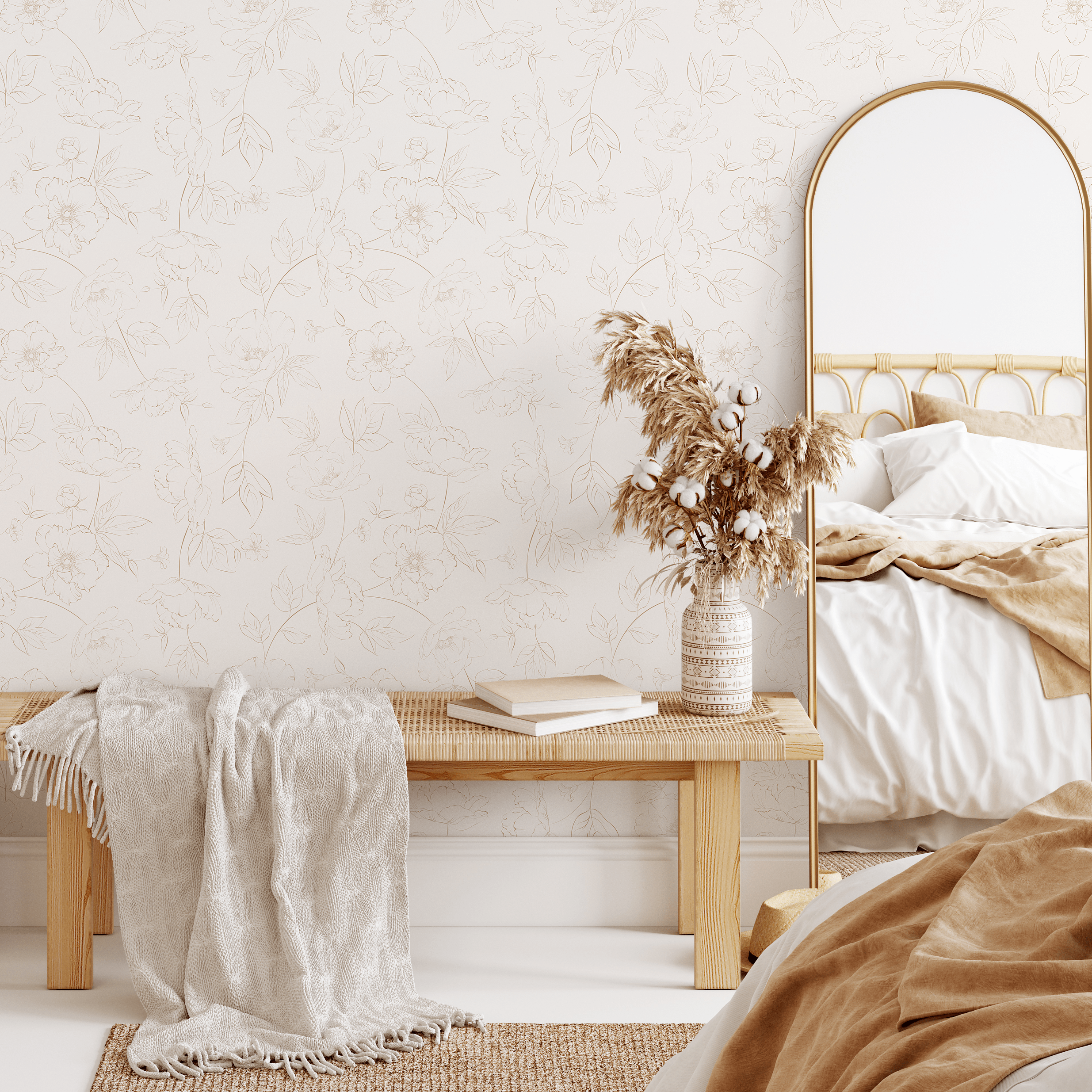 Floral Wallpaper Featuring A Delicate Peony Line Art In Beige And Tan - Zabp