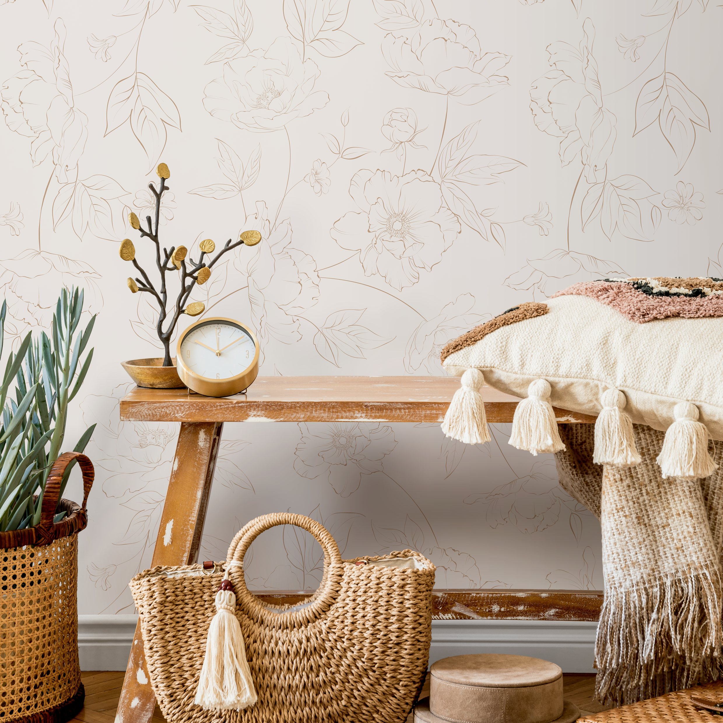 Floral Wallpaper Featuring A Delicate Peony Line Art In Beige And Tan - Zabp