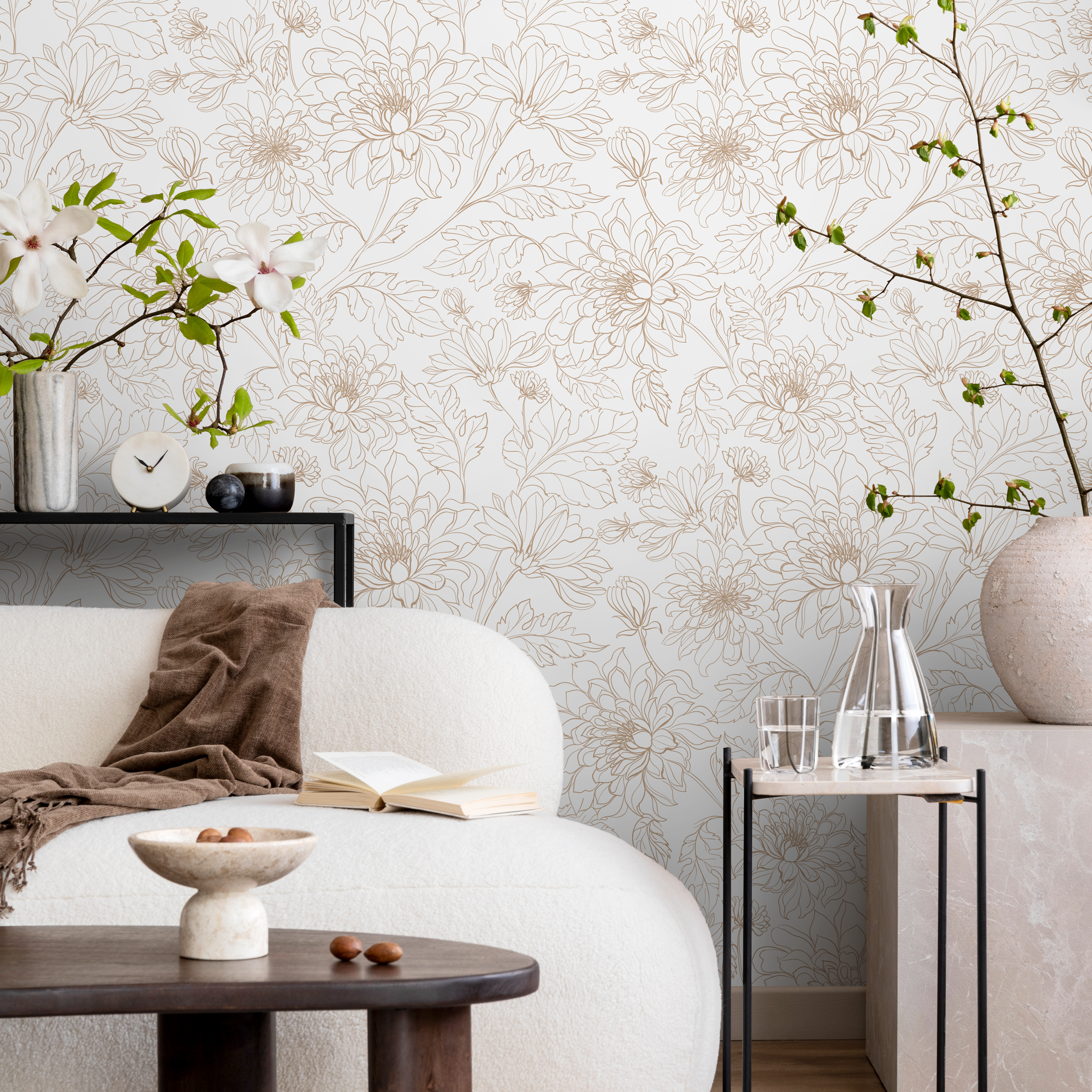 Floral Wallpaper With A Minimalist Peony Line Art Motif In Beige - Zabr