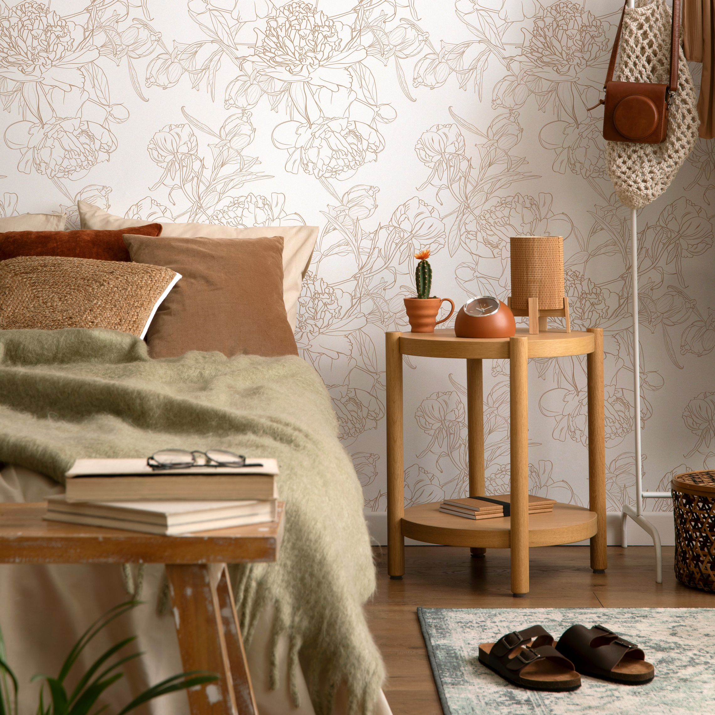 Floral Wallpaper Featuring Minimalist Peony Outlines In Beige - Zabt