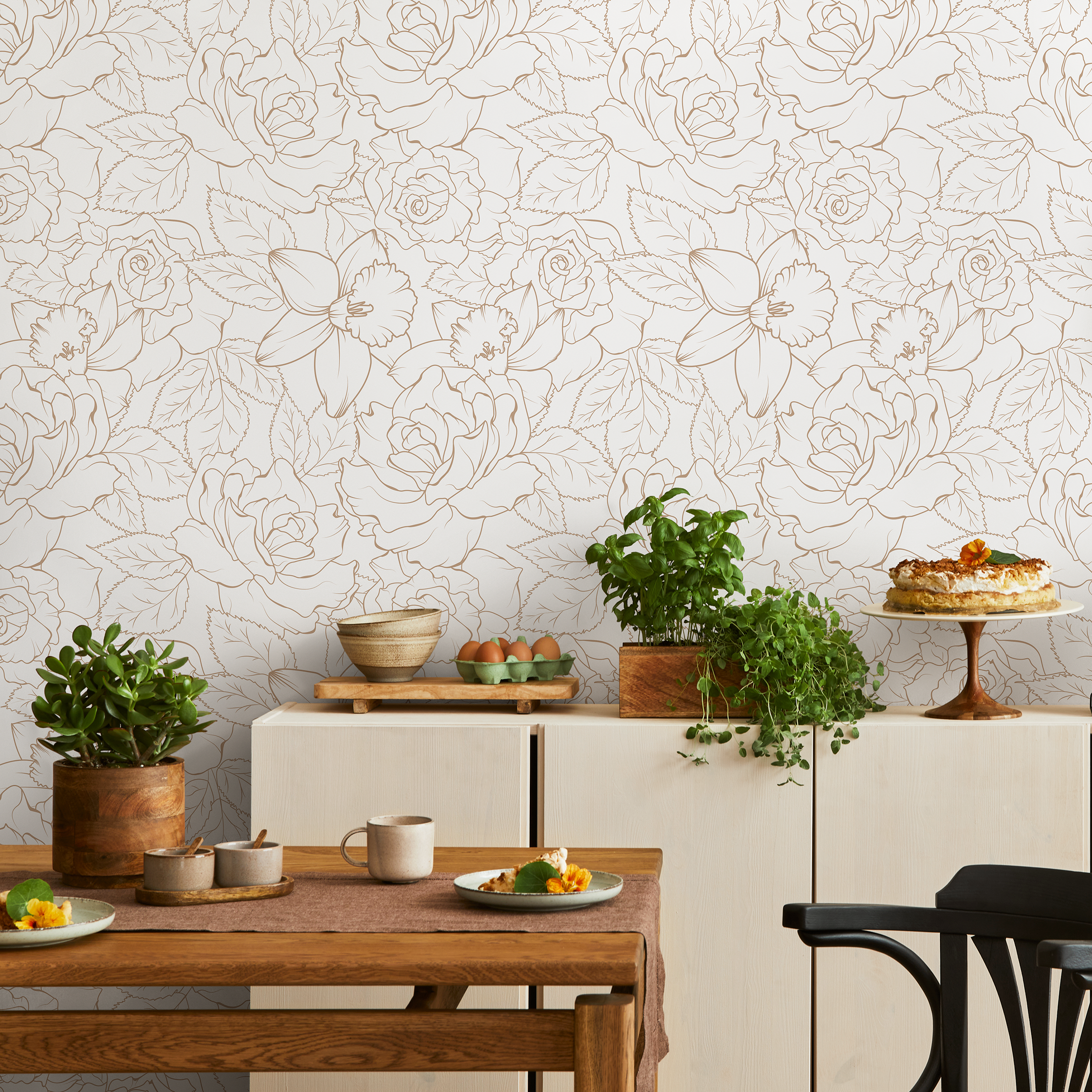 Floral Wallpaper With A Minimalist Rose Motif In Gold - Zabu