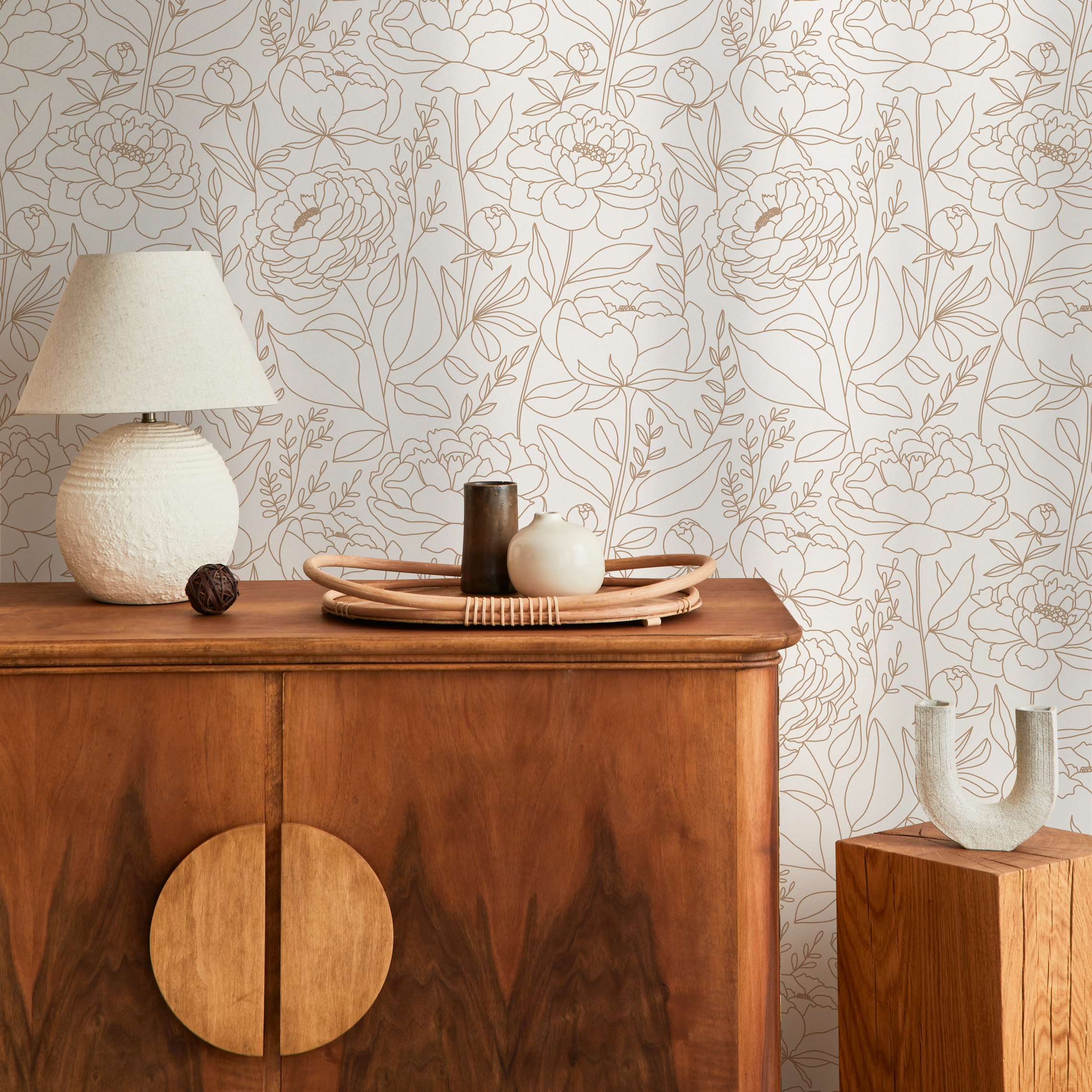 Floral Wallpaper With A Minimalist Peony Motif In Beige - Zabv