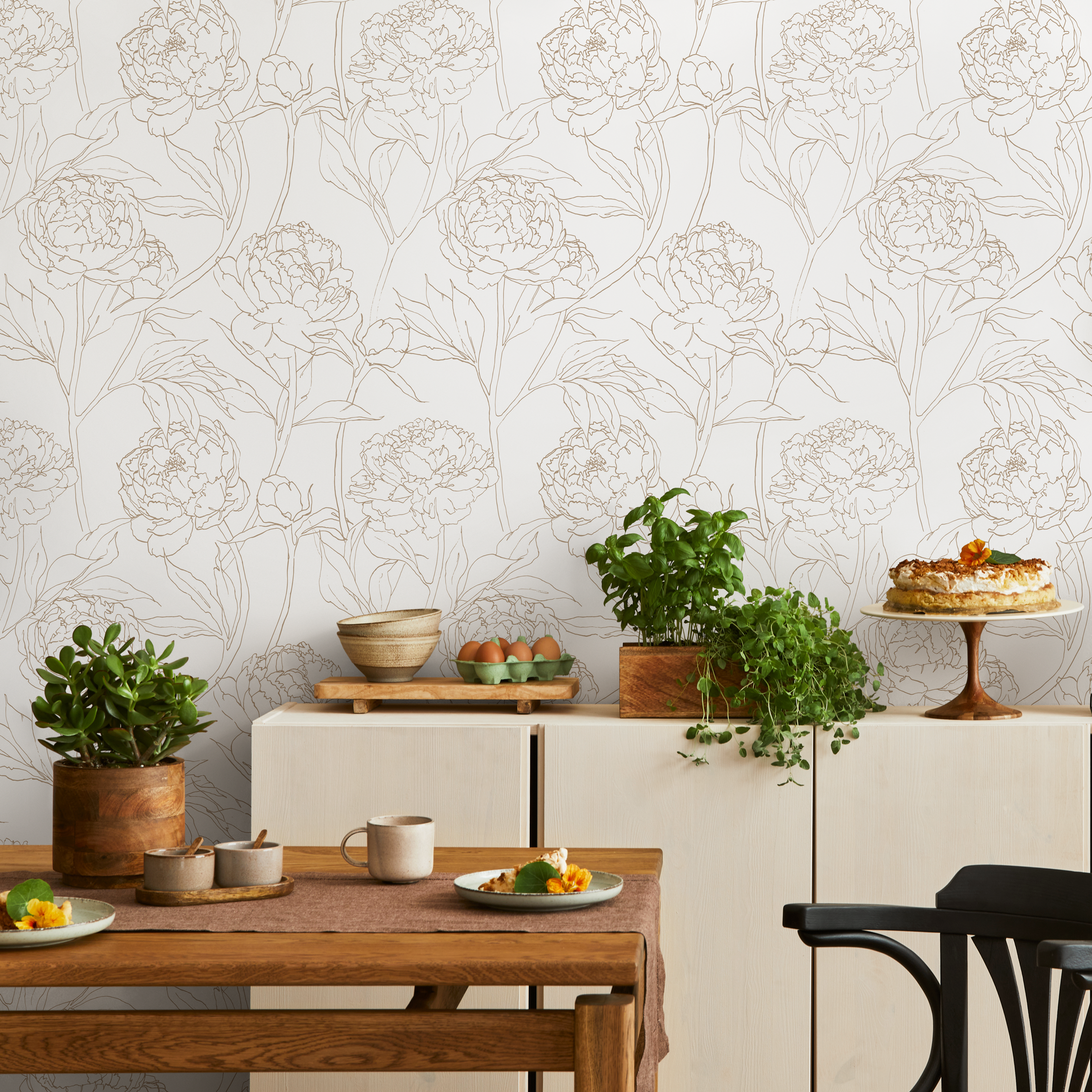 Floral Wallpaper With A Minimalist Peony Motif In Beige - Zabw