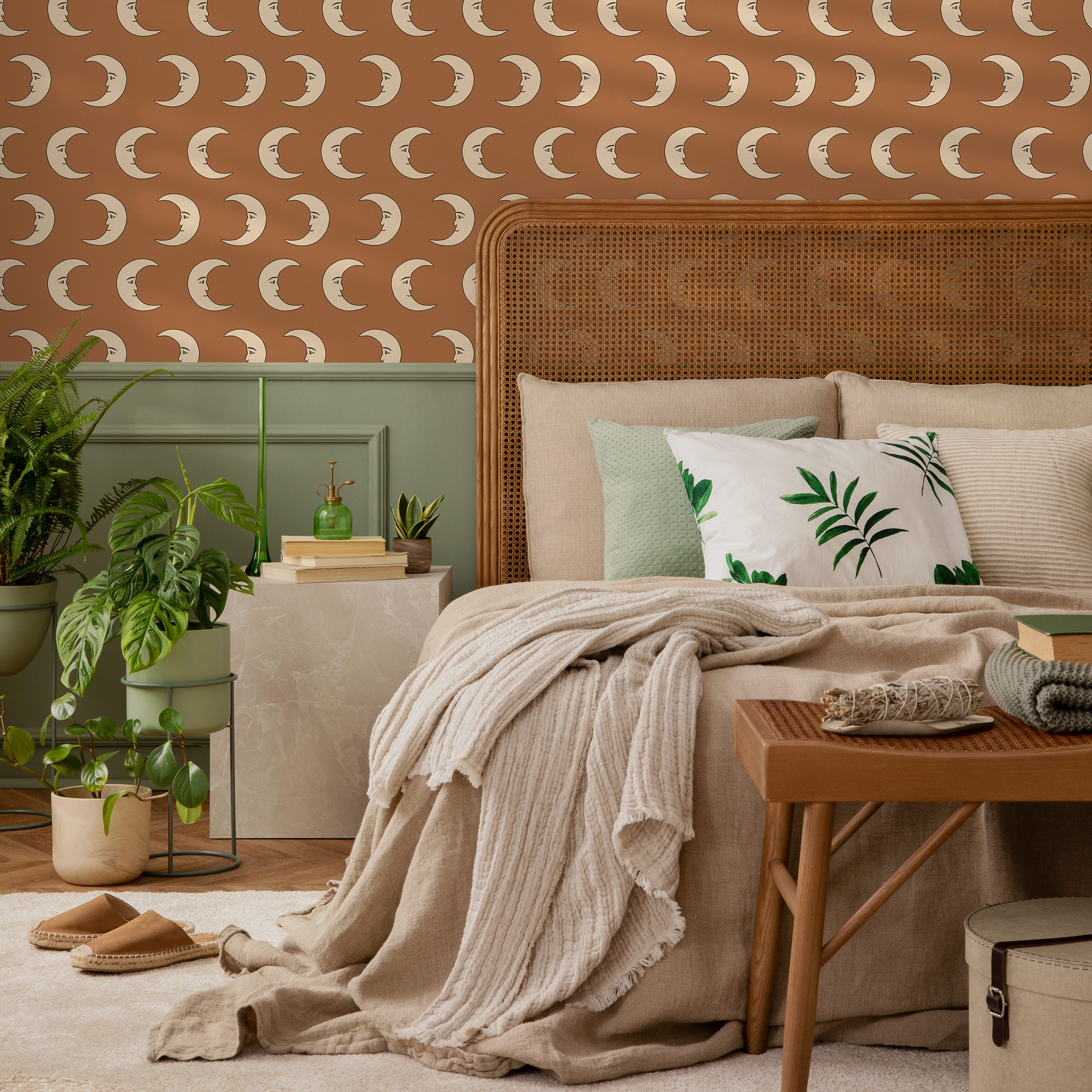 Celestial Wallpaper With A Crescent Moon Face Motif In Terracotta And Beige - Zabz