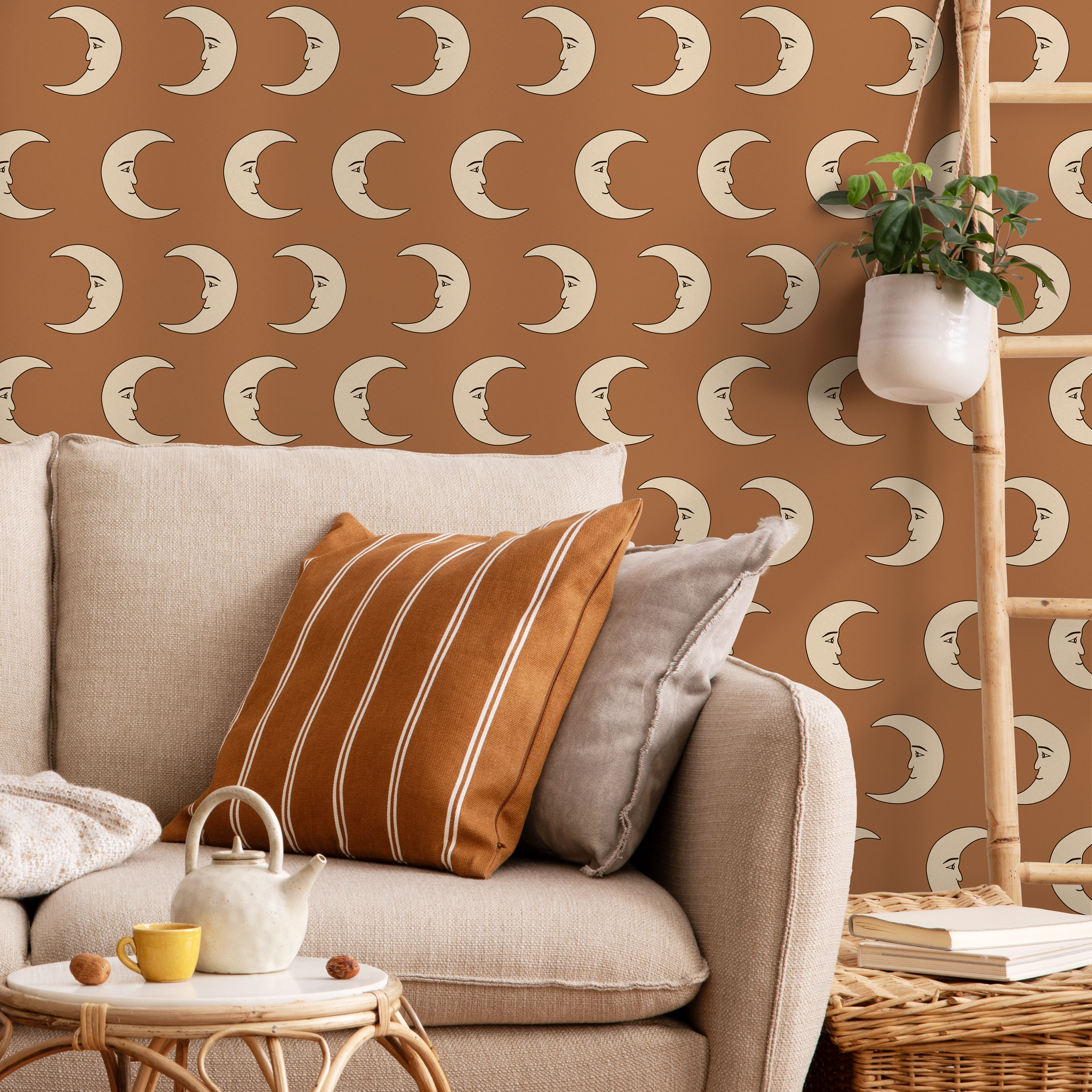 Celestial Wallpaper With A Crescent Moon Face Motif In Terracotta And Beige - Zabz