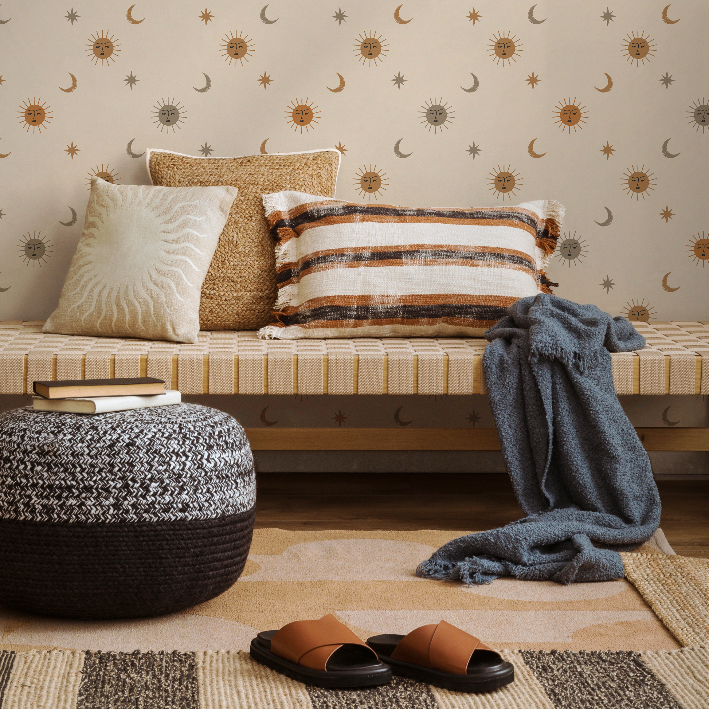 Celestial Wallpaper With Sun, Moon, And Stars In Orange, Brown, And Gray - Zaca
