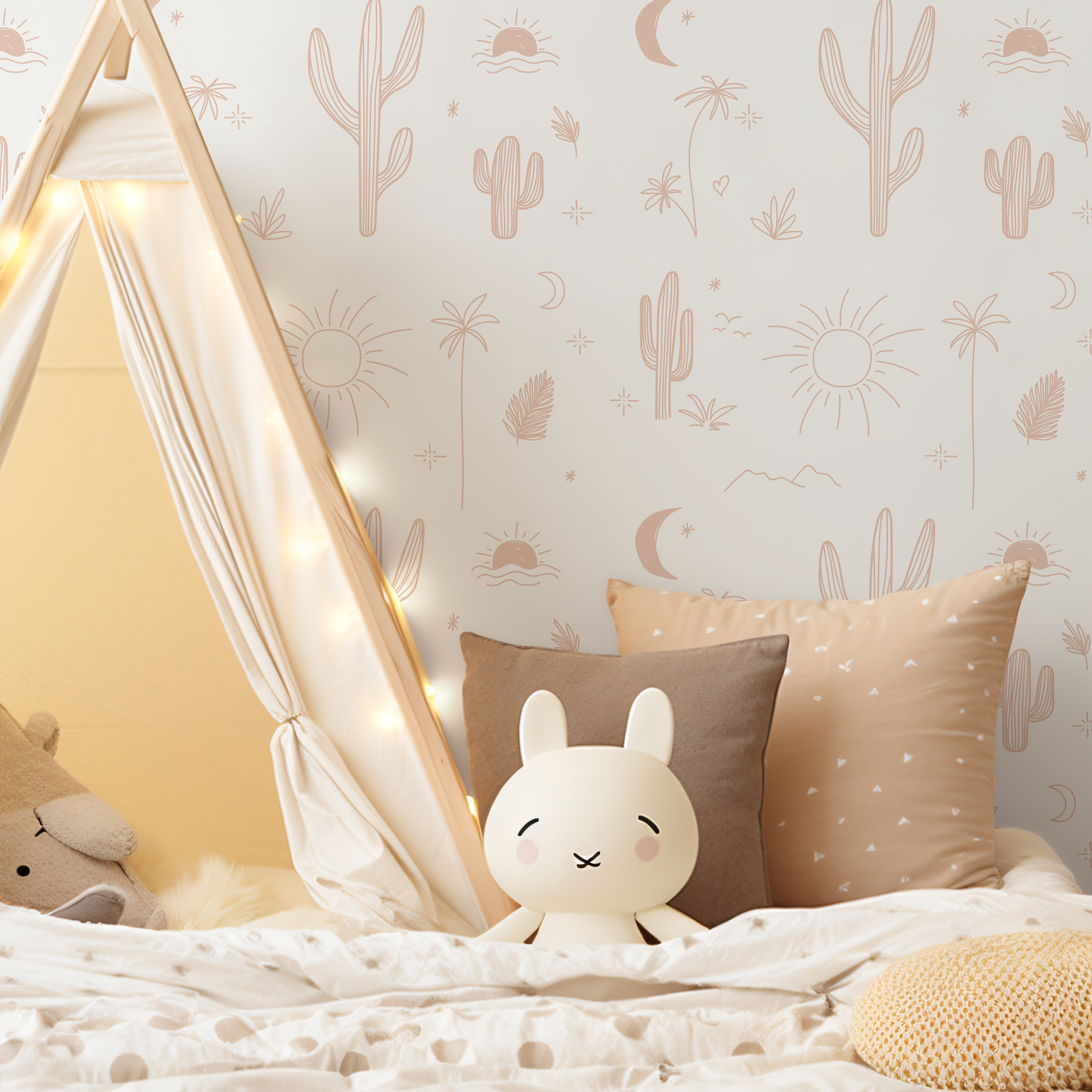 Desert Wallpaper With A Minimalist Cactus And Sun Motif In Light Terracotta - Zacb