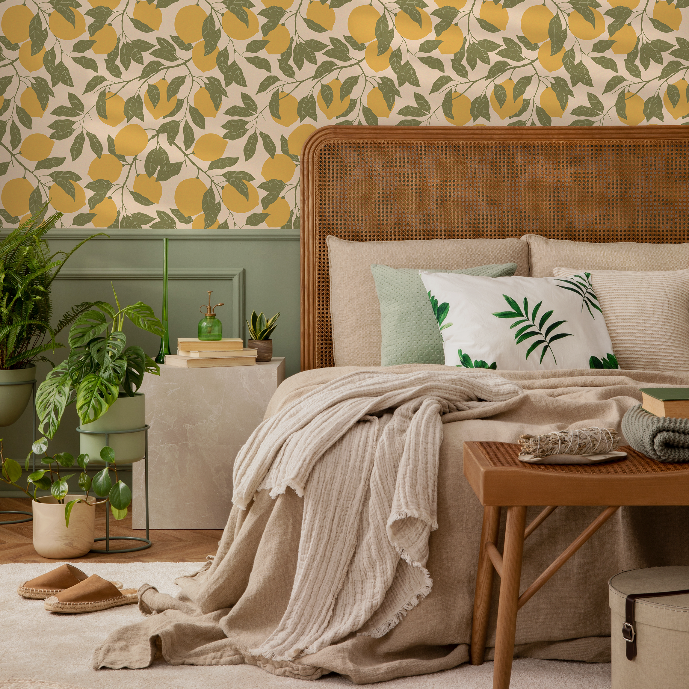 Botanical Wallpaper With A Lemon Motif In Yellow And Green - Zacc