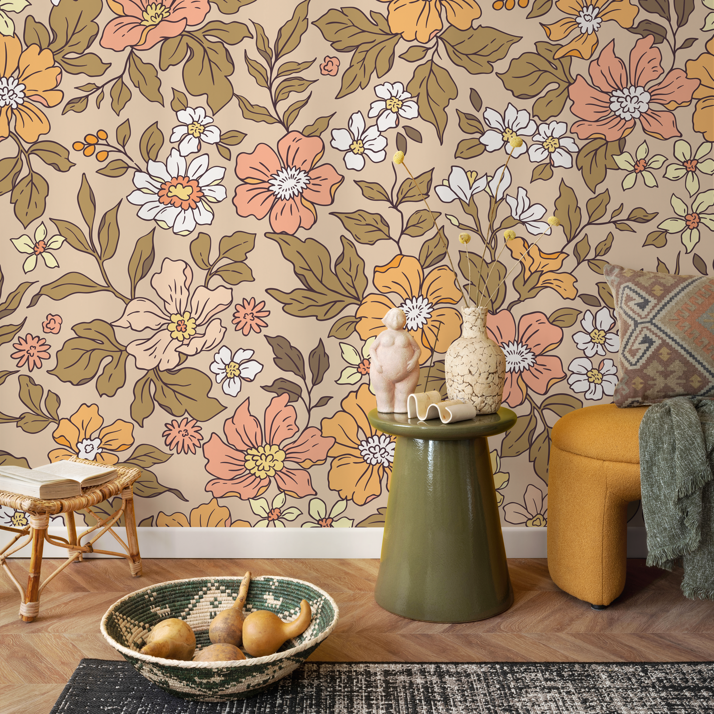 Vintage Floral Wallpaper With A Retro Meadow Design In Yellow, Pink, And Green - Zacd