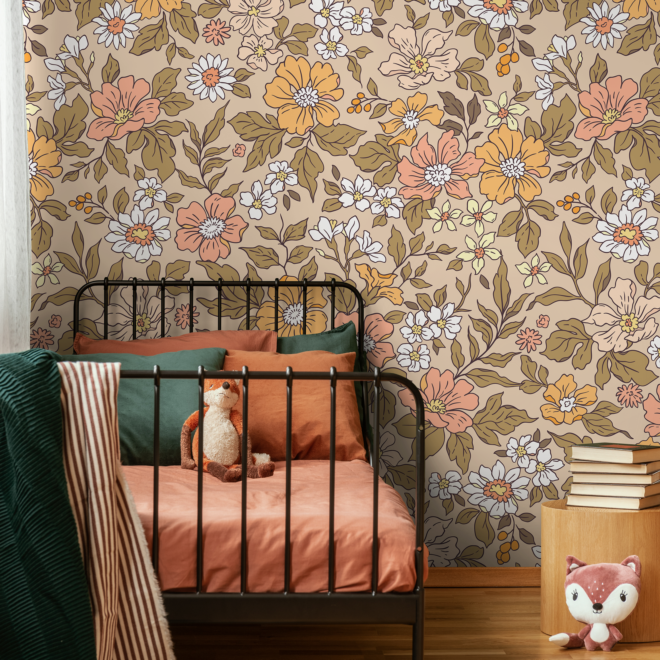 Vintage Floral Wallpaper With A Retro Meadow Design In Yellow, Pink, And Green - Zacd
