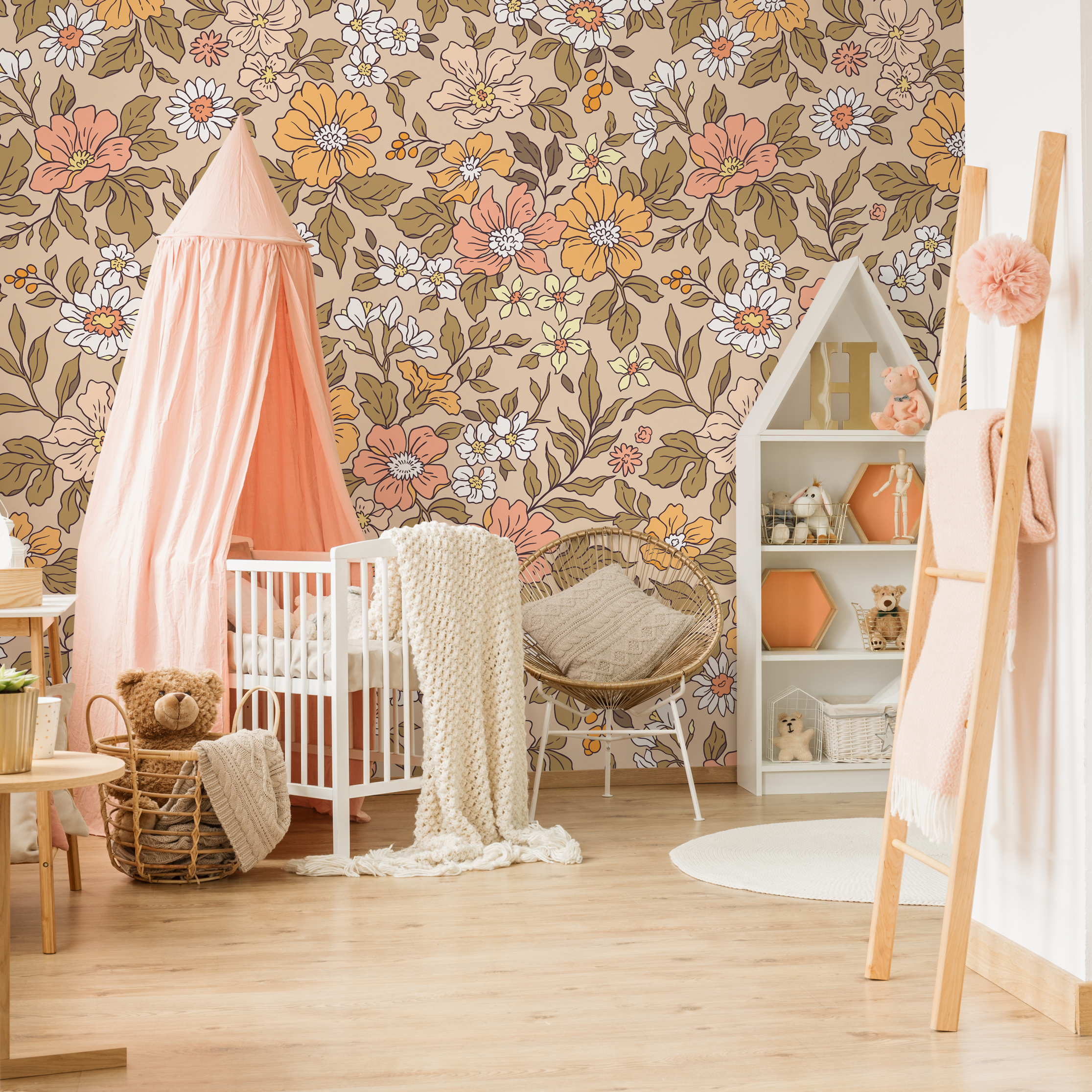 Vintage Floral Wallpaper With A Retro Meadow Design In Yellow, Pink, And Green - Zacd