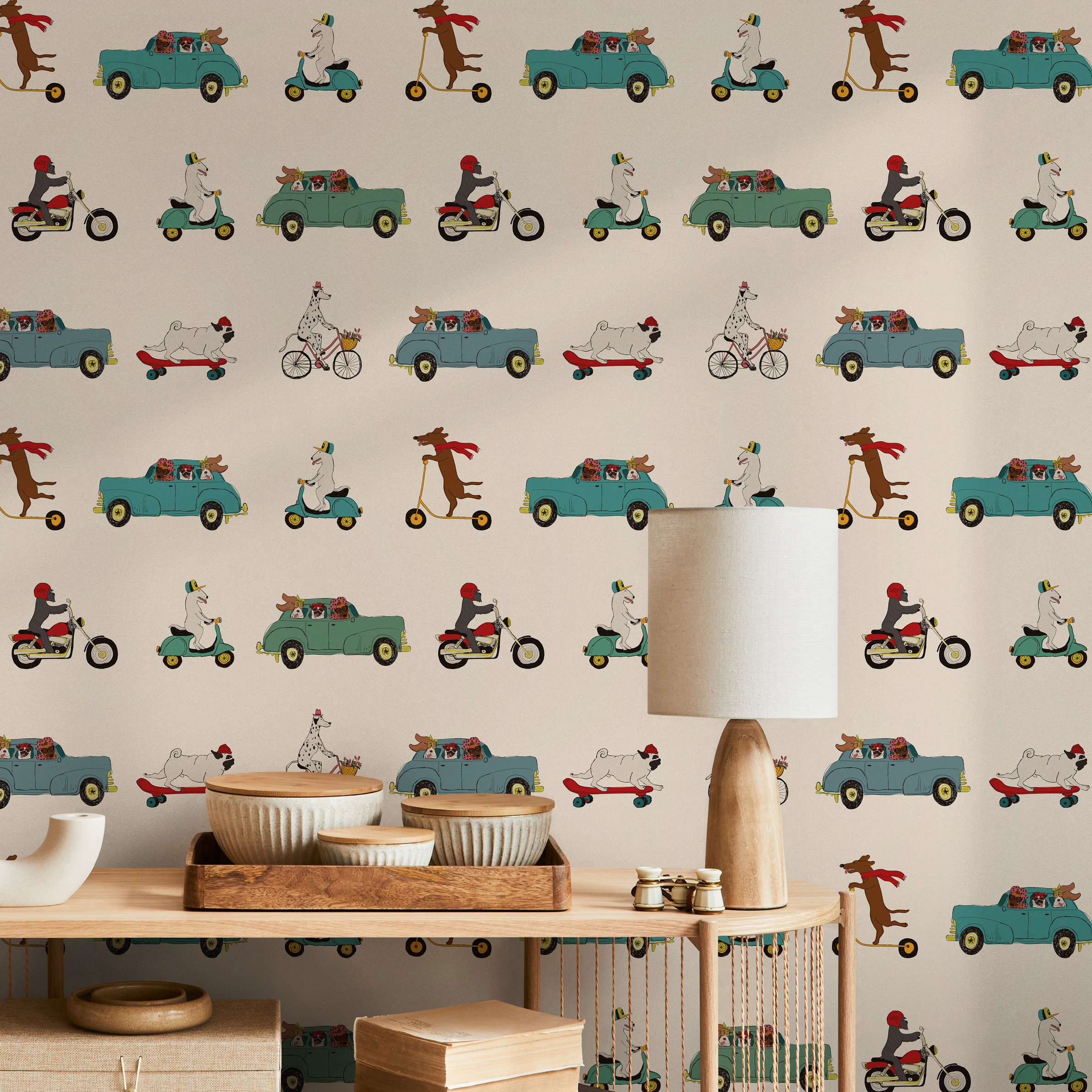 Animal Wallpaper Featuring Dogs In Cars And Scooters In Teal And Red - Zace