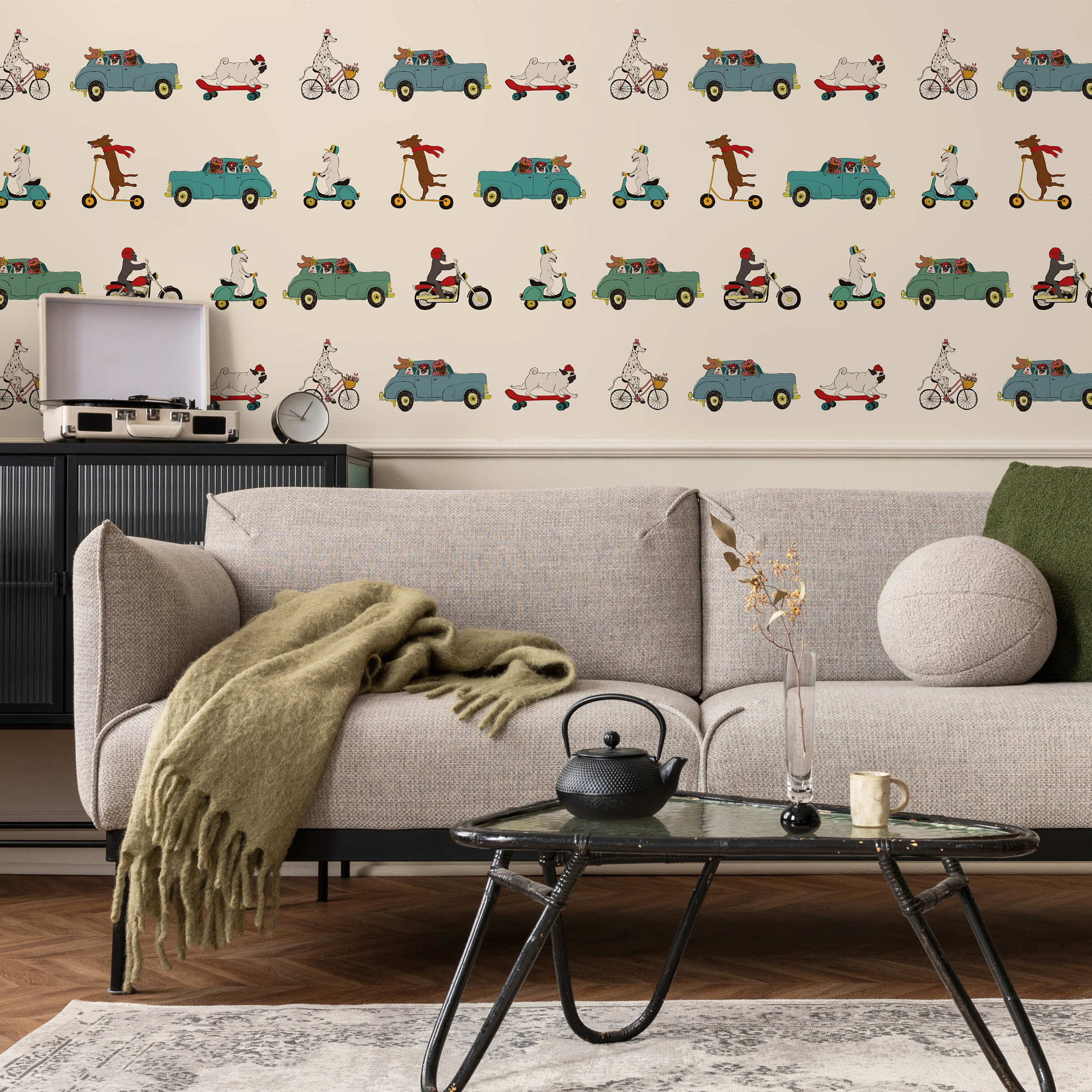 Animal Wallpaper Featuring Dogs In Cars And Scooters In Teal And Red - Zace