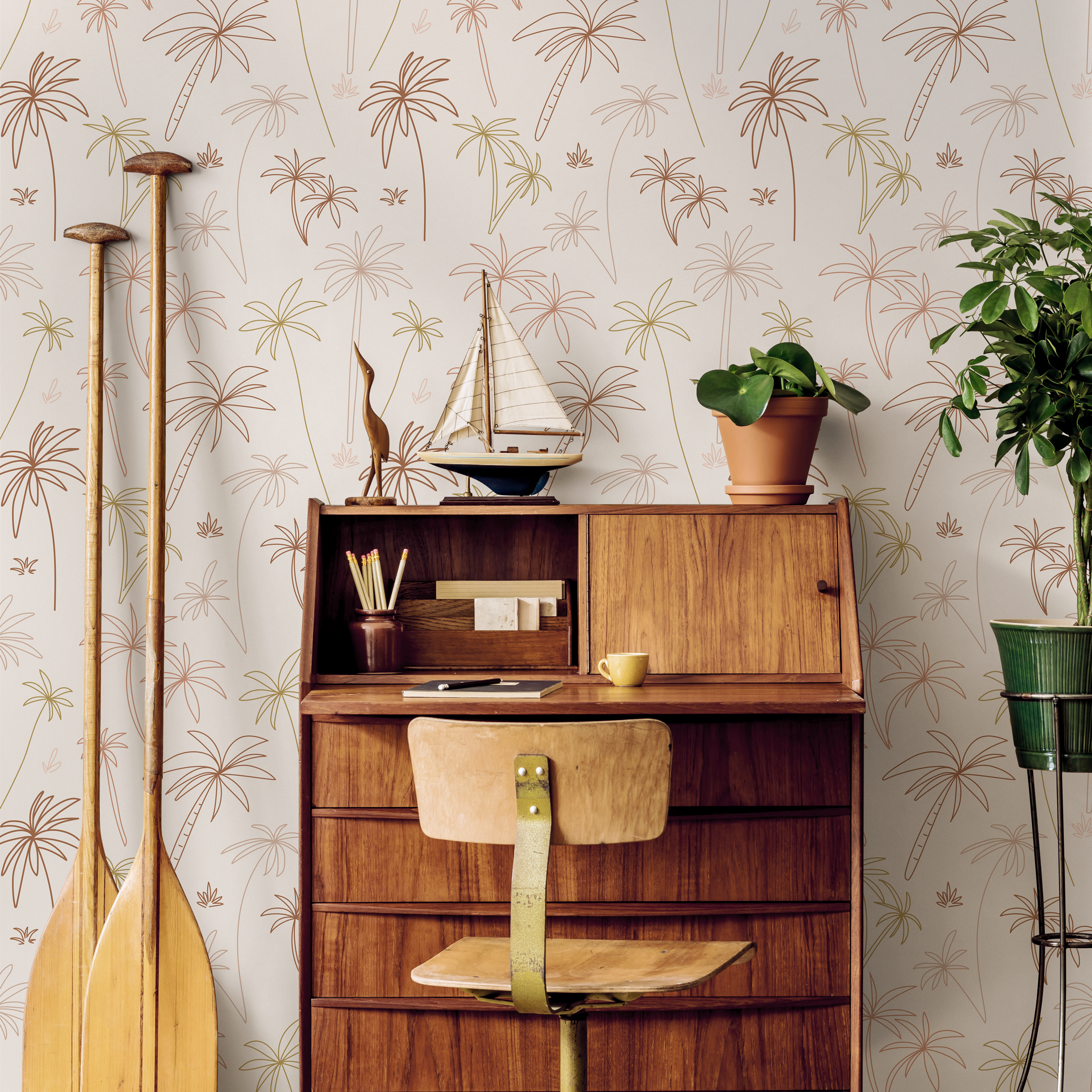 Tropical Wallpaper With Boho Palm Tree Illustrations In Brown, Green, And Beige - Zacf