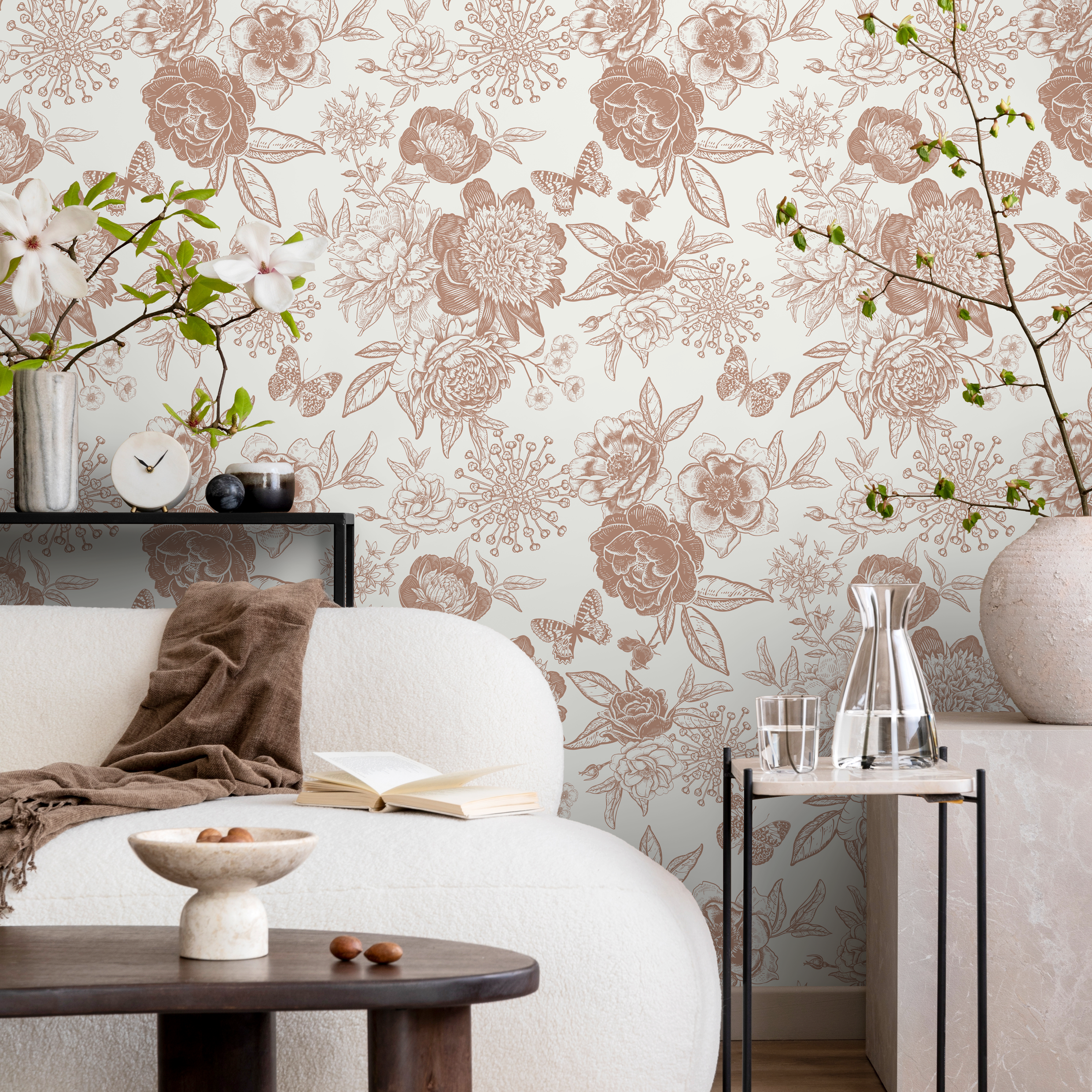 Boho Wallpaper With Peony And Rose Line Art In Burnt Orange - Zacg