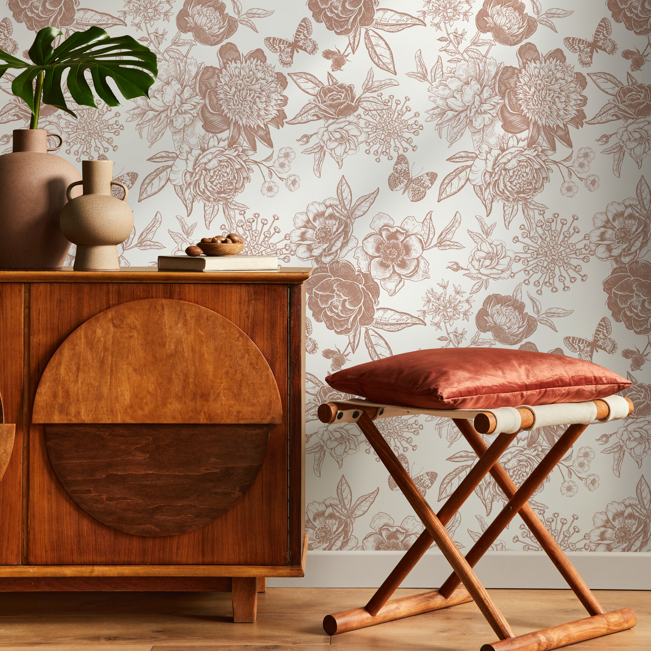 Boho Wallpaper With Peony And Rose Line Art In Burnt Orange - Zacg