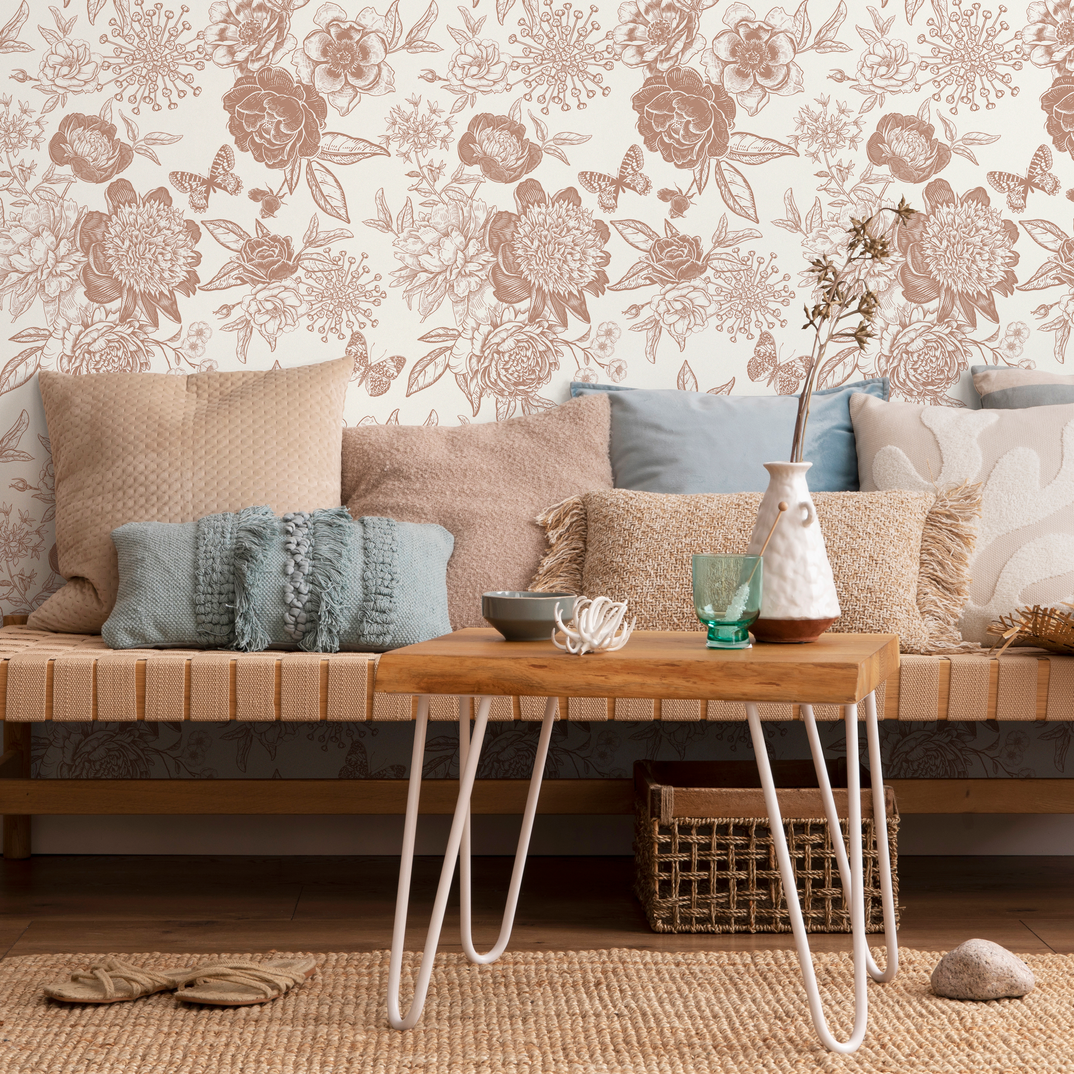 Boho Wallpaper With Peony And Rose Line Art In Burnt Orange - Zacg