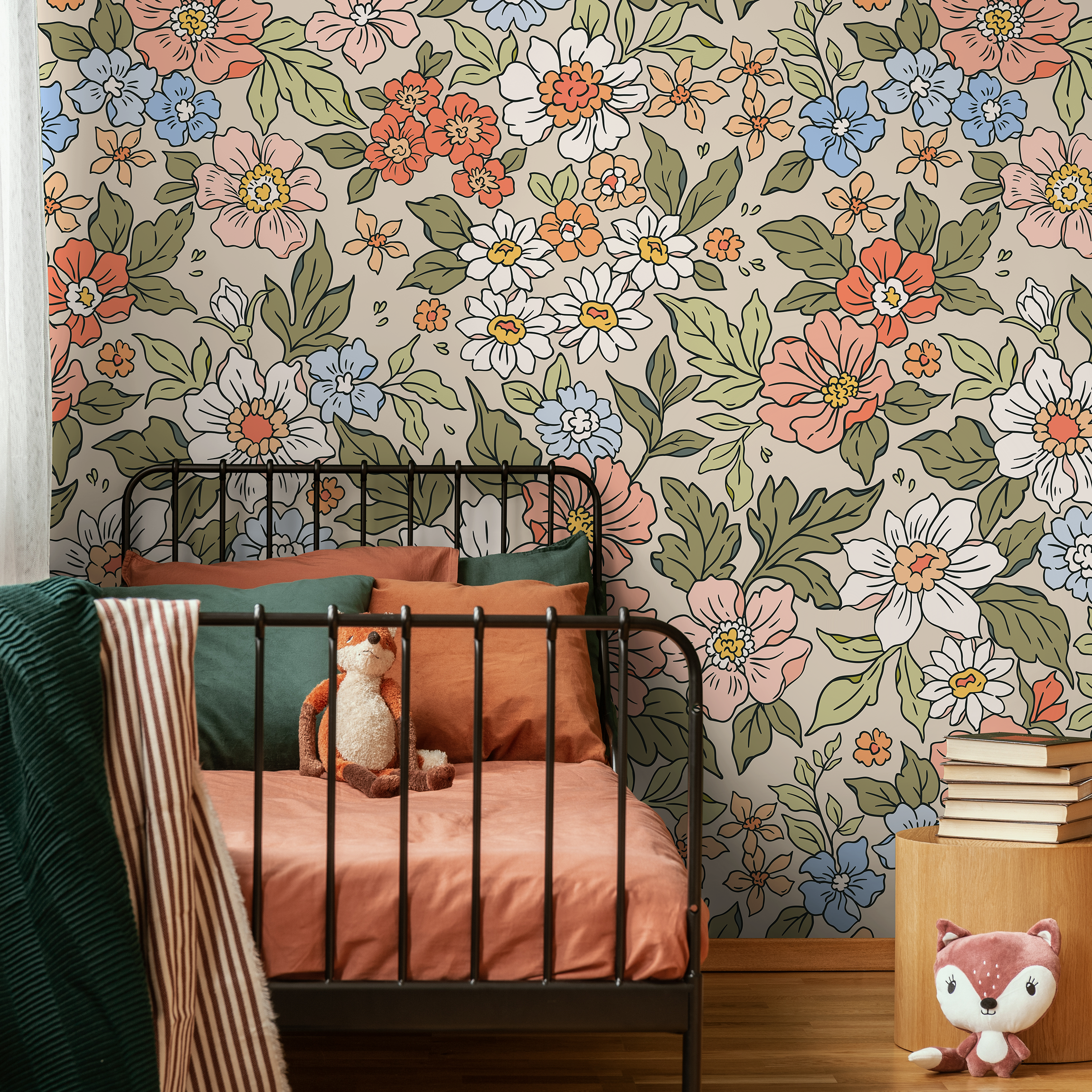 Floral Wallpaper Featuring A Retro Flower Meadow In Coral, Blue, And Green - Zach