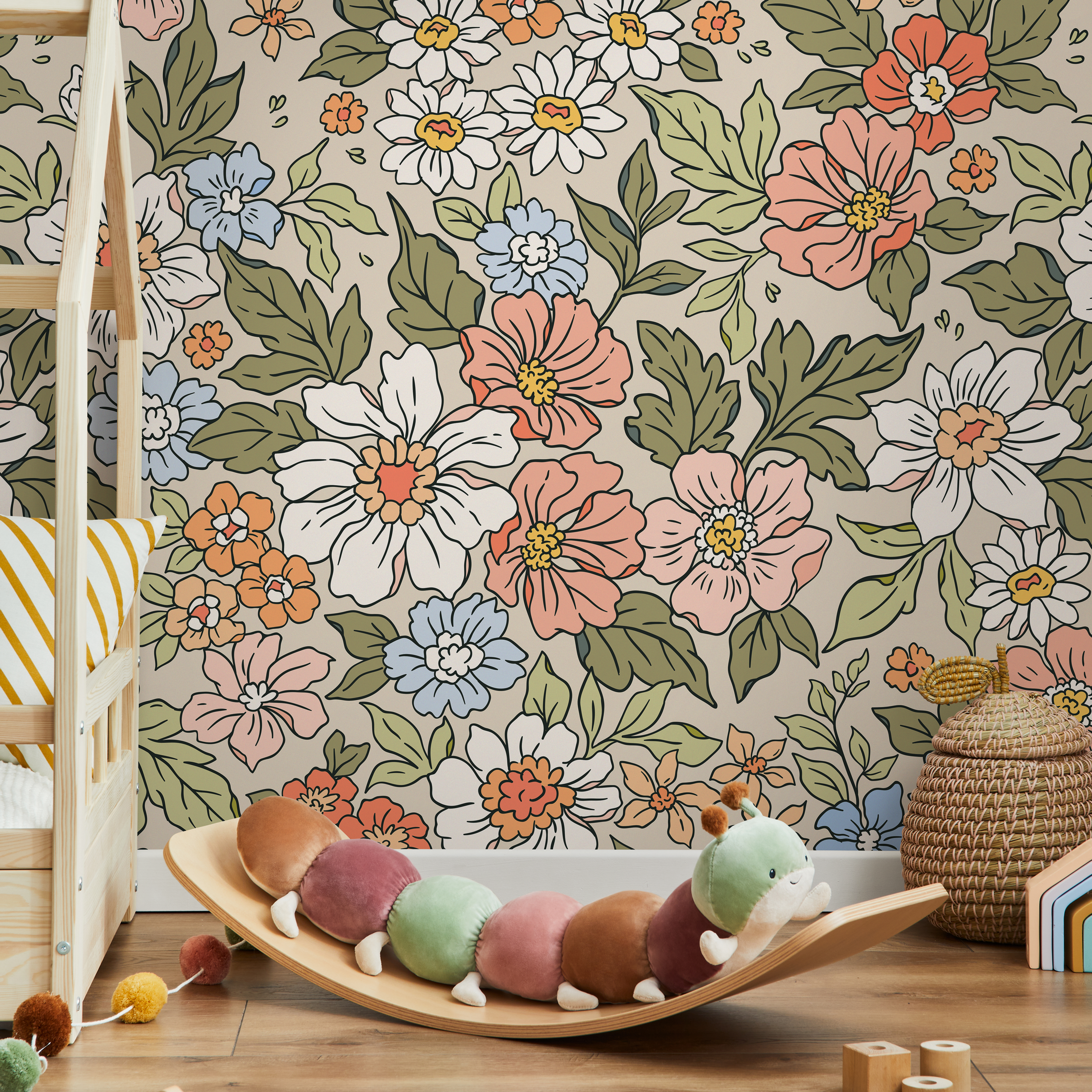 Floral Wallpaper Featuring A Retro Flower Meadow In Coral, Blue, And Green - Zach