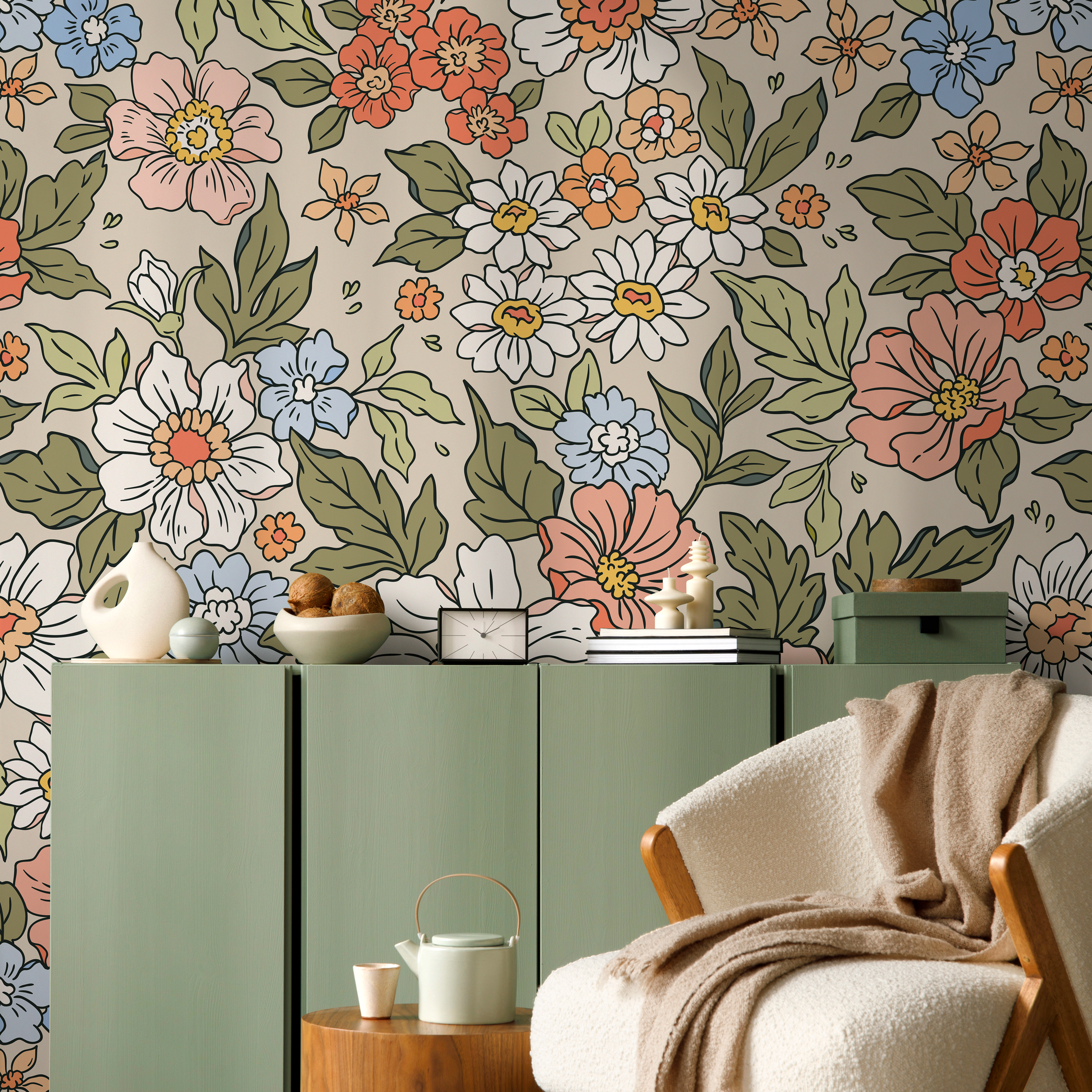 Floral Wallpaper Featuring A Retro Flower Meadow In Coral, Blue, And Green - Zach