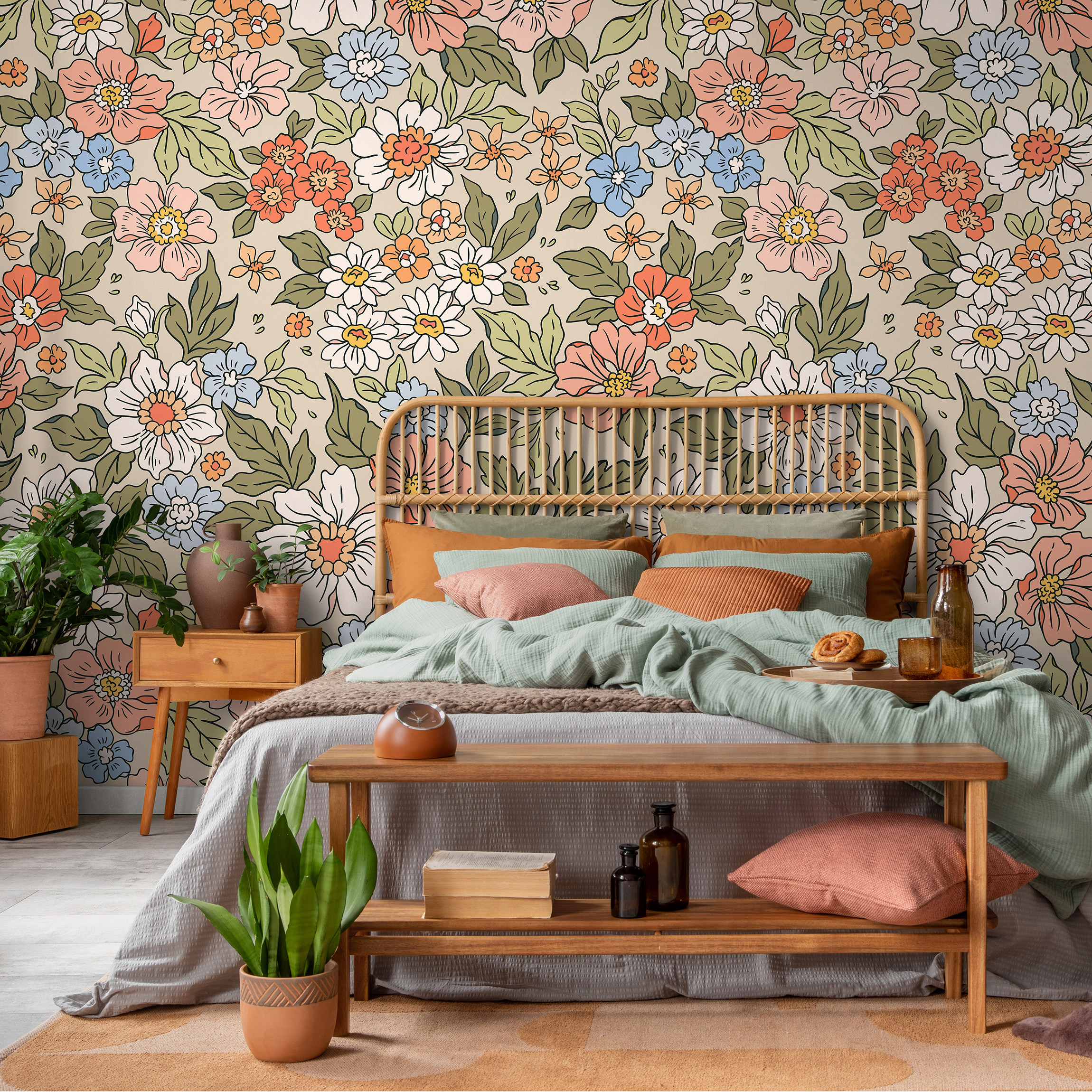 Floral Wallpaper Featuring A Retro Flower Meadow In Coral, Blue, And Green - Zach