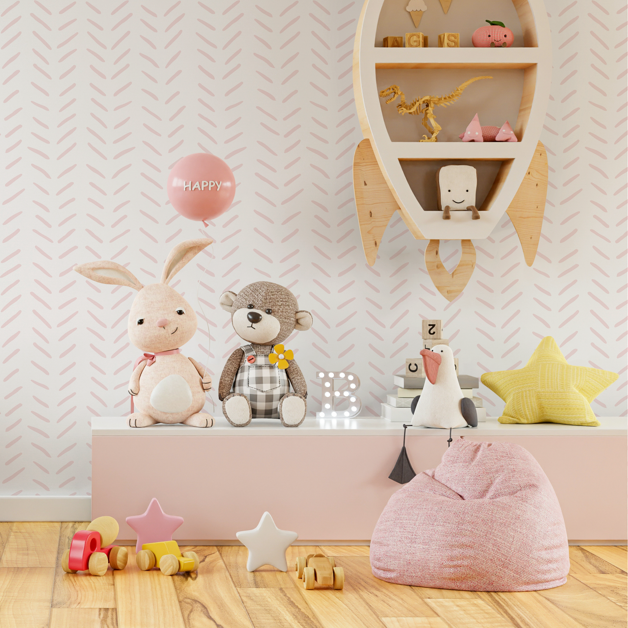 Boho Wallpaper With A Hand-drawn Herringbone In Soft Pink - Zaci
