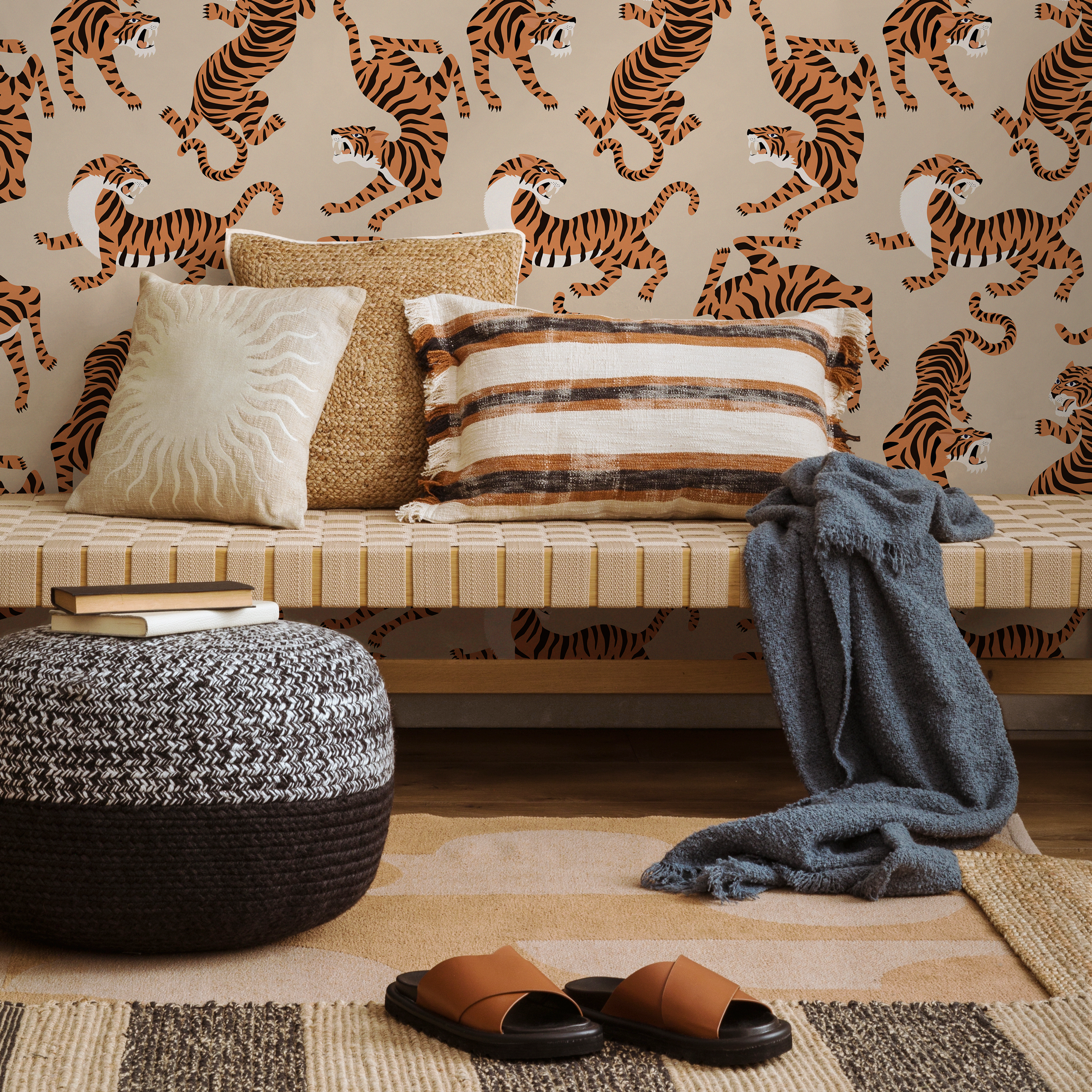 Animal Print Wallpaper Featuring Stylized Tigers In Beige, Orange, And Black - Zack