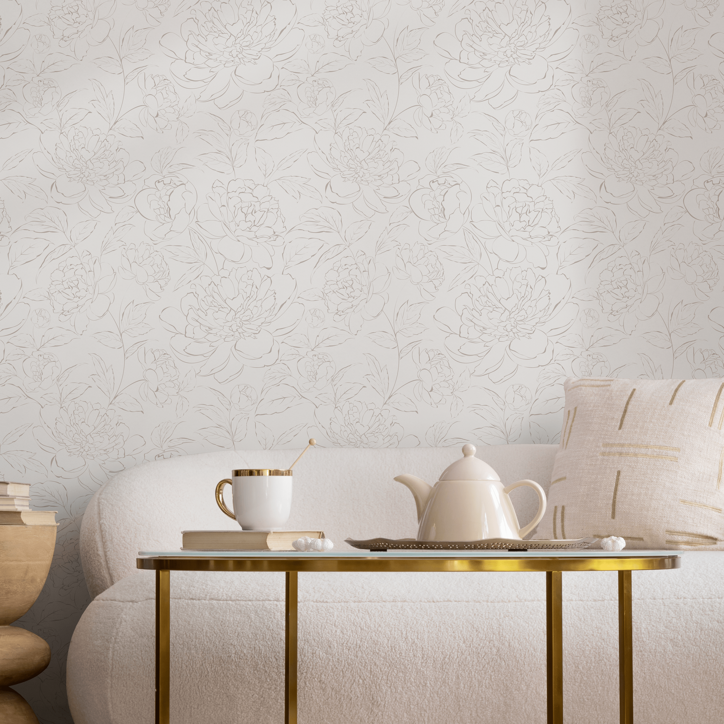 Minimalist Floral Wallpaper With Peony Line Art In Beige - Zacl