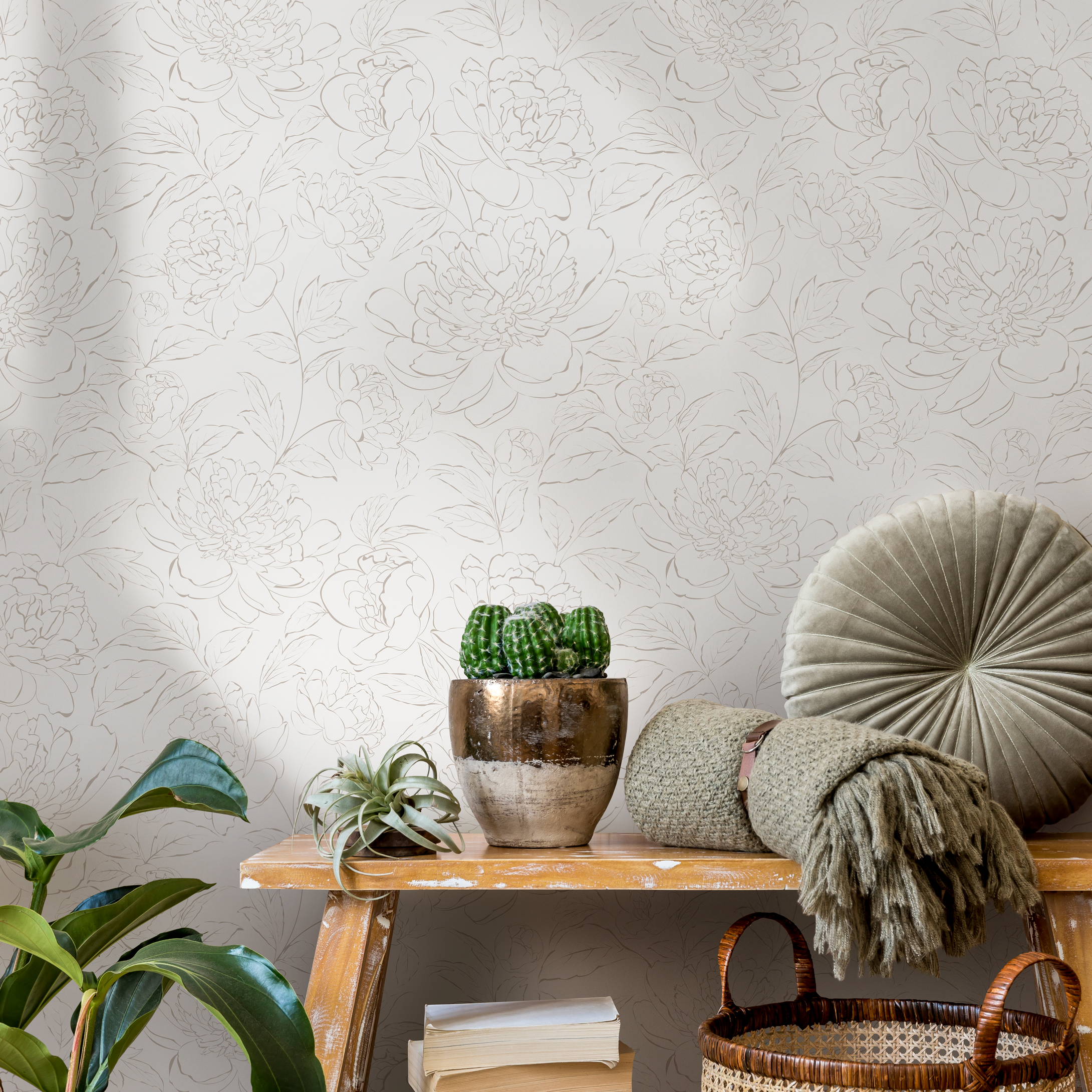 Minimalist Floral Wallpaper With Peony Line Art In Beige - Zacl