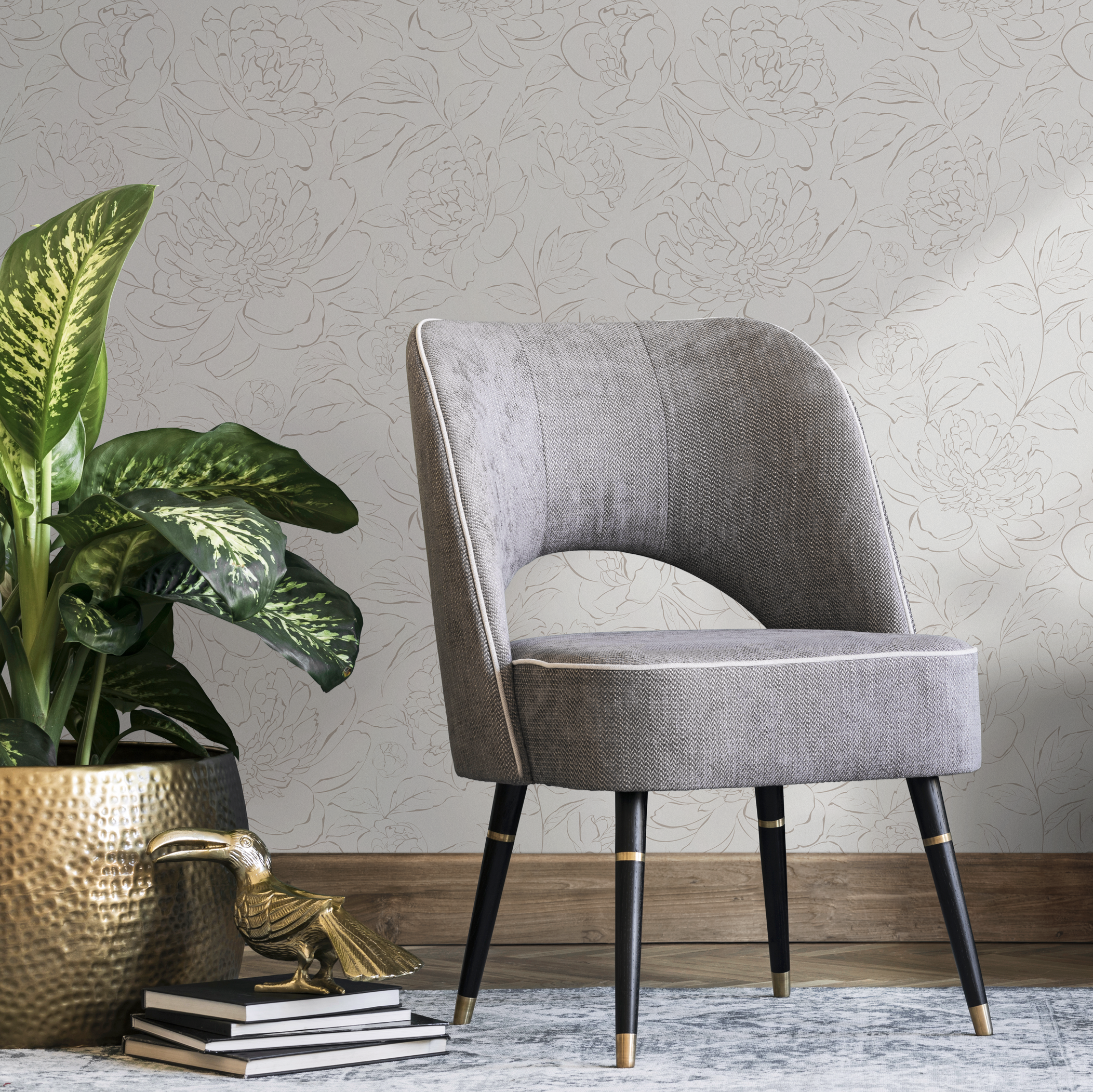 Minimalist Floral Wallpaper With Peony Line Art In Beige - Zacl