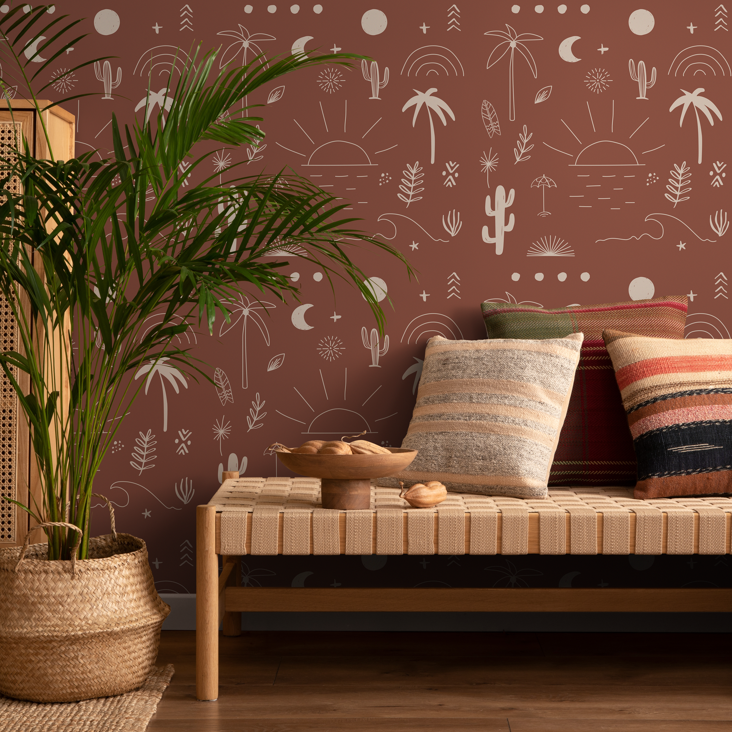 Minimalist Wallpaper With Hand-drawn Beach Motifs In Terracotta And Off-white - Zacn