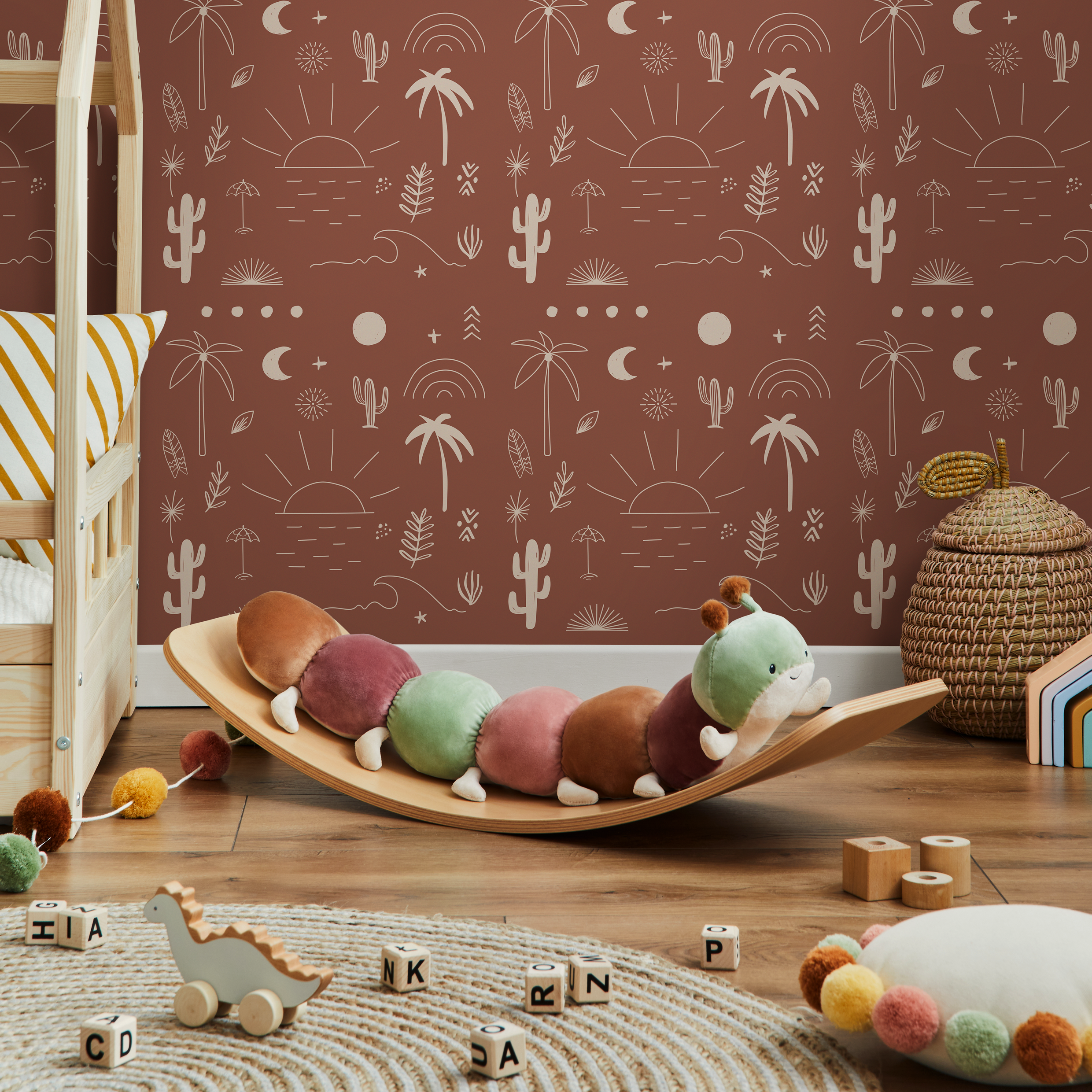 Minimalist Wallpaper With Hand-drawn Beach Motifs In Terracotta And Off-white - Zacn