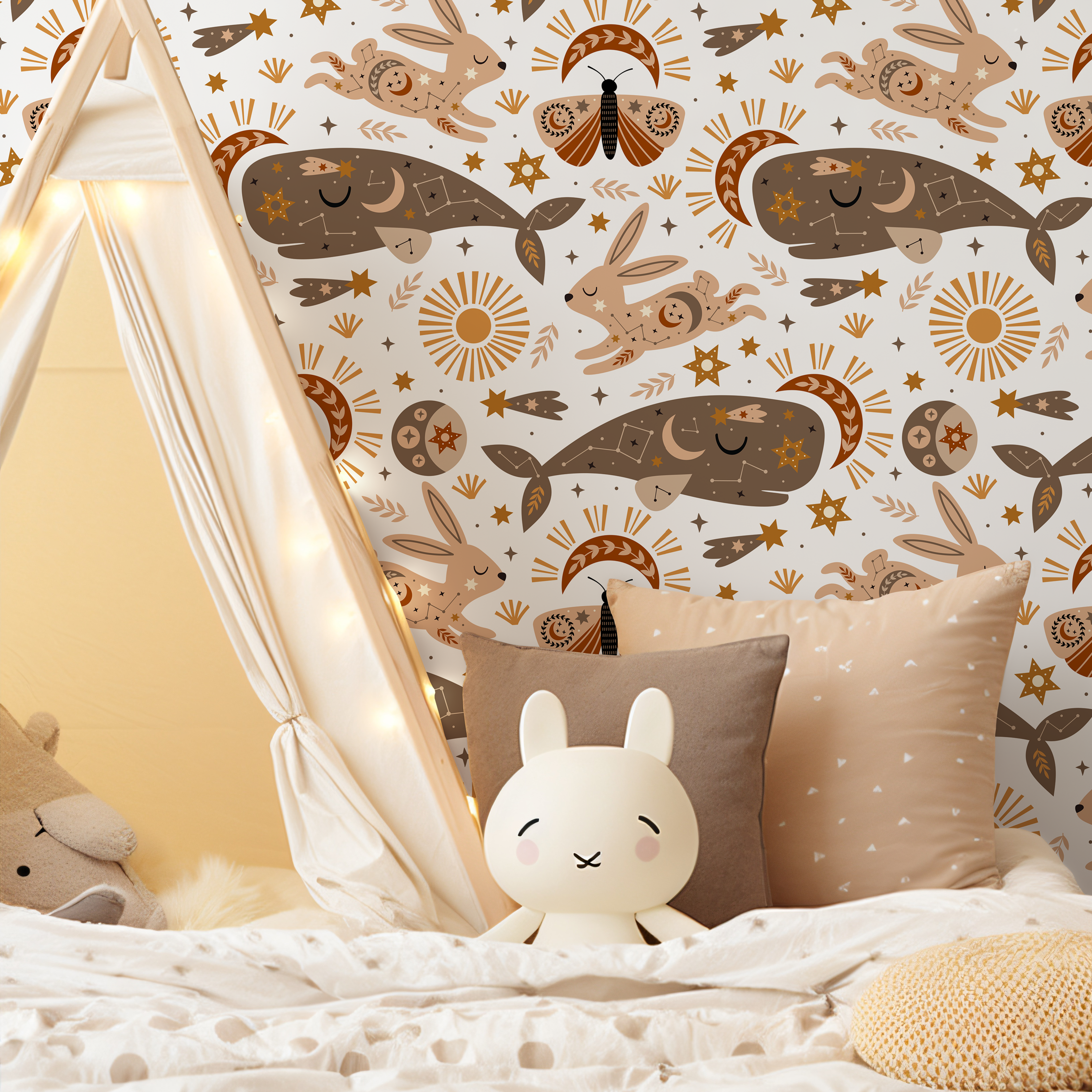 Celestial Wallpaper With Whales And Rabbits In Brown, Tan, And Orange - Zaco