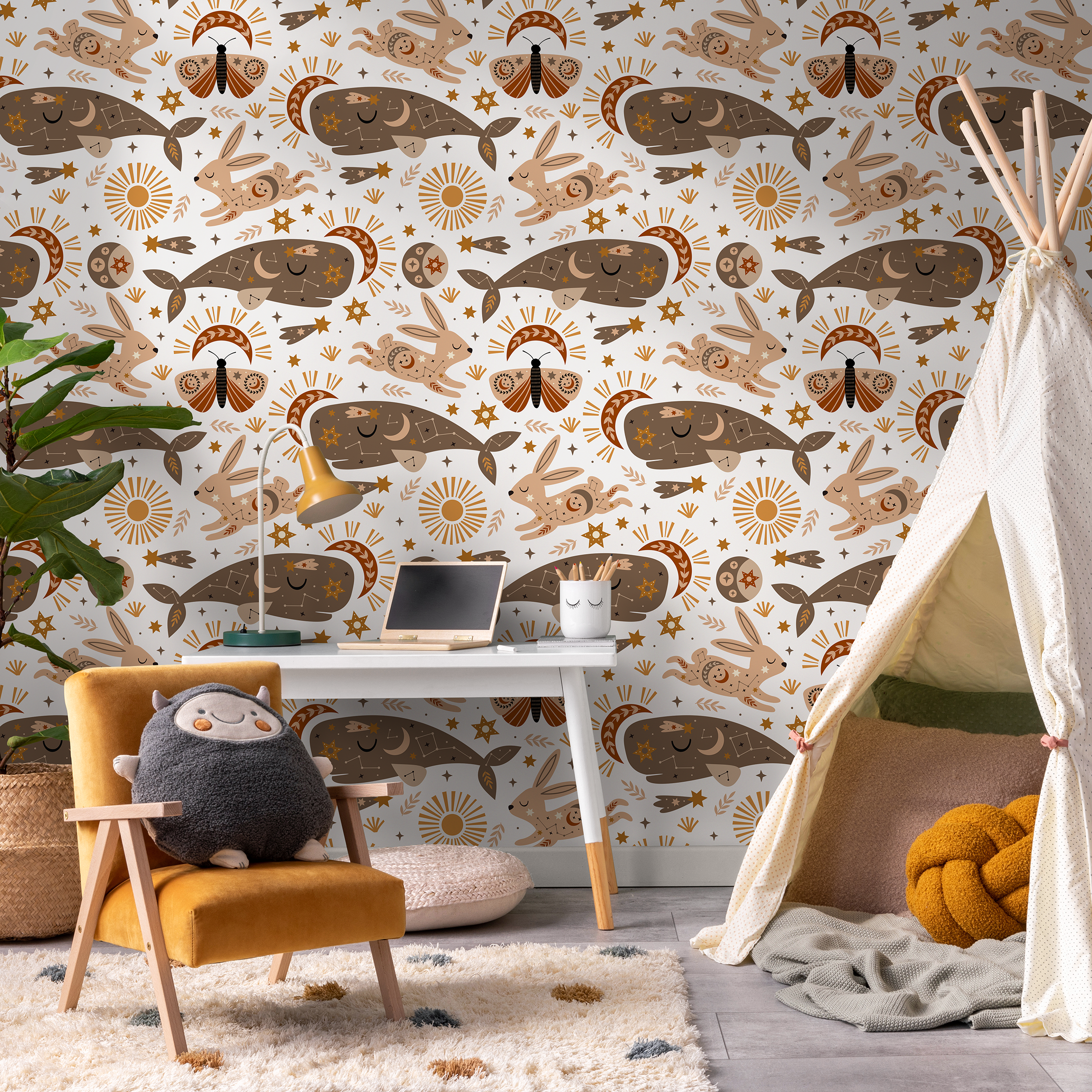 Celestial Wallpaper With Whales And Rabbits In Brown, Tan, And Orange - Zaco