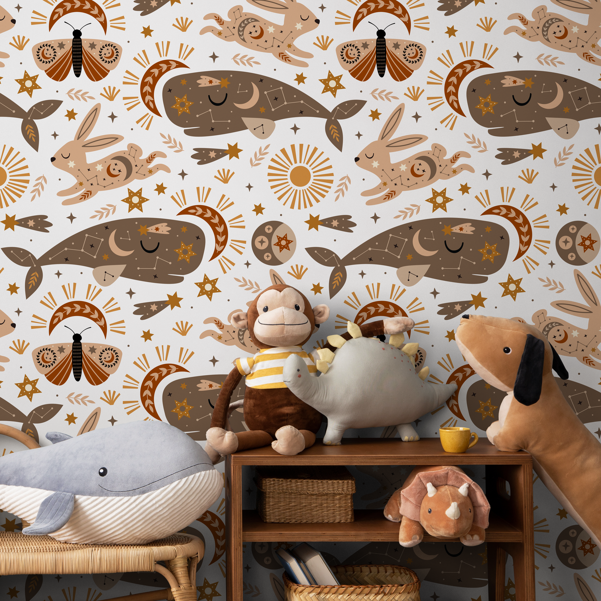 Celestial Wallpaper With Whales And Rabbits In Brown, Tan, And Orange - Zaco