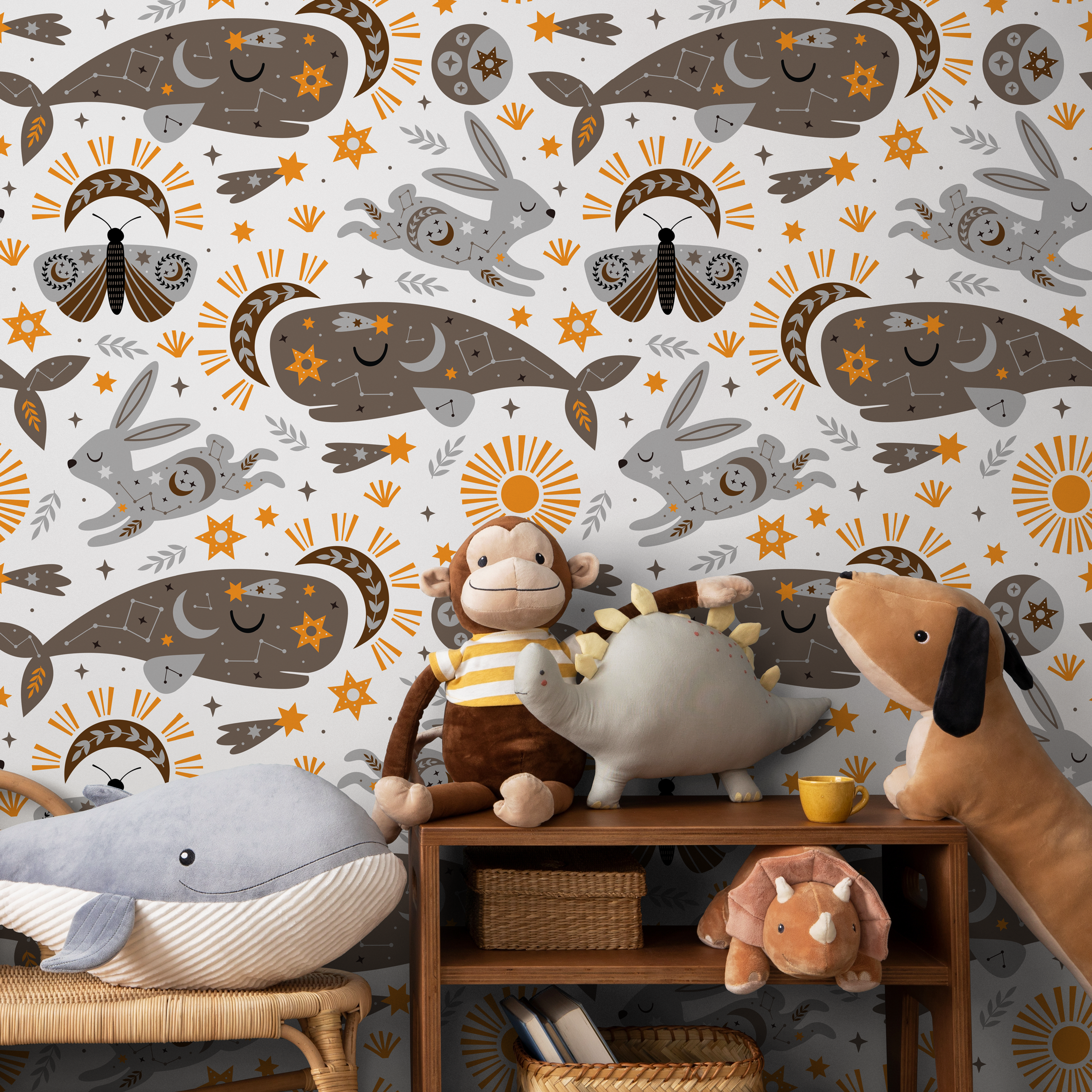 Celestial Wallpaper With Mystical Whales And Rabbits In Gray And Orange - Zacp
