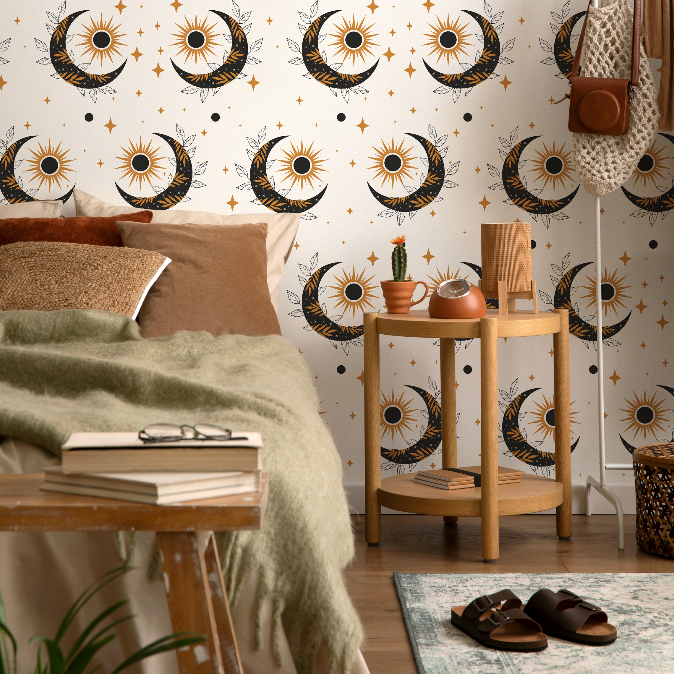 Celestial Wallpaper With Mystical Sun And Moon Motifs In Black And Gold - Zacs