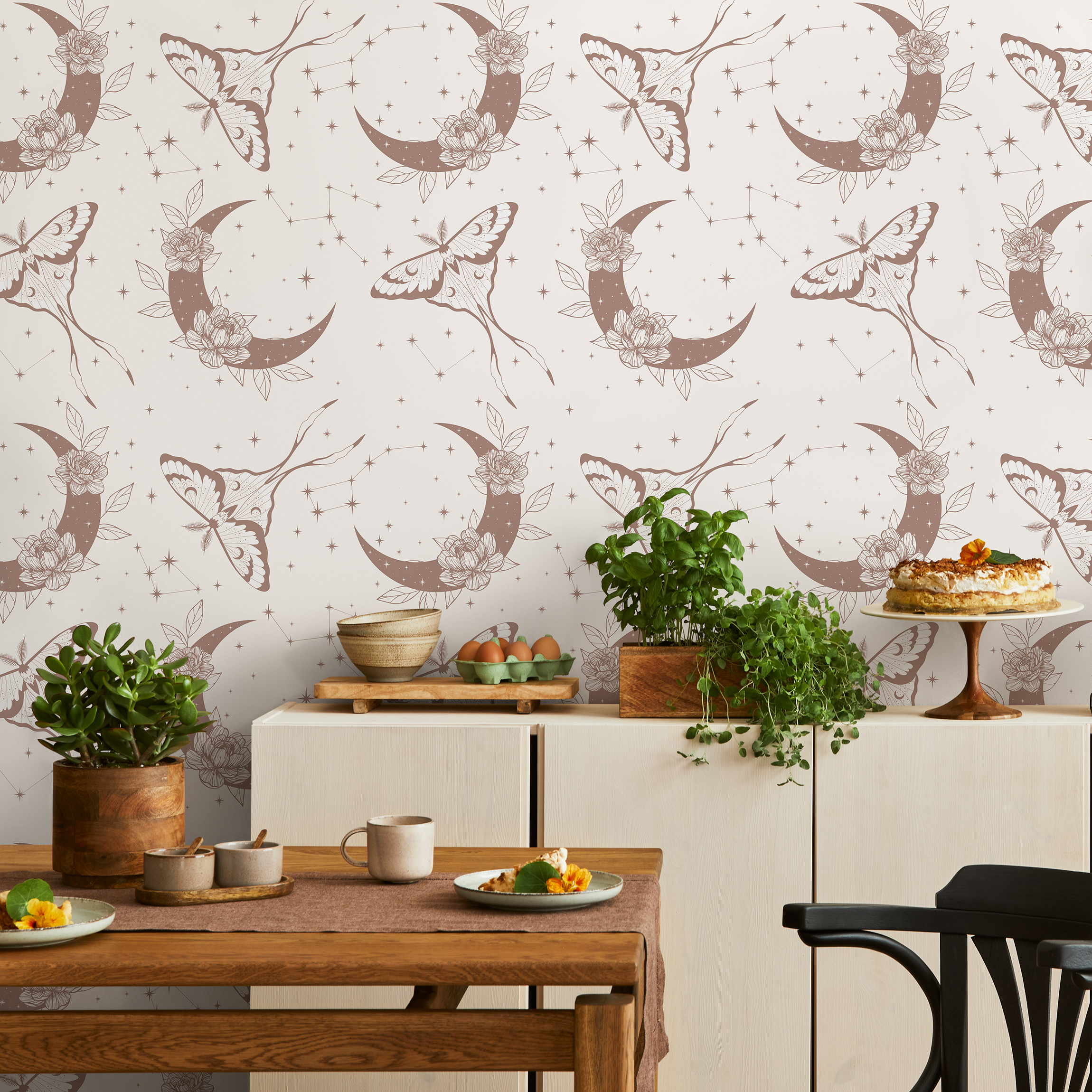 Celestial Wallpaper With Moths And Floral Moons In Taupe - Zact