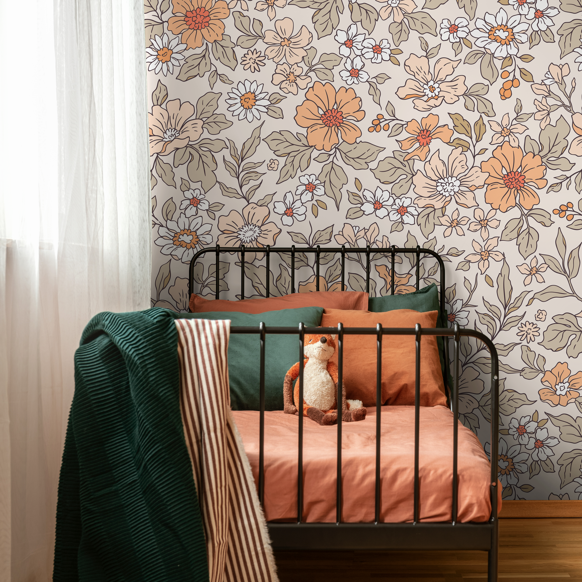 Vintage Wallpaper With A Retro Floral Motif In Peach, Orange, And Green - Zacv