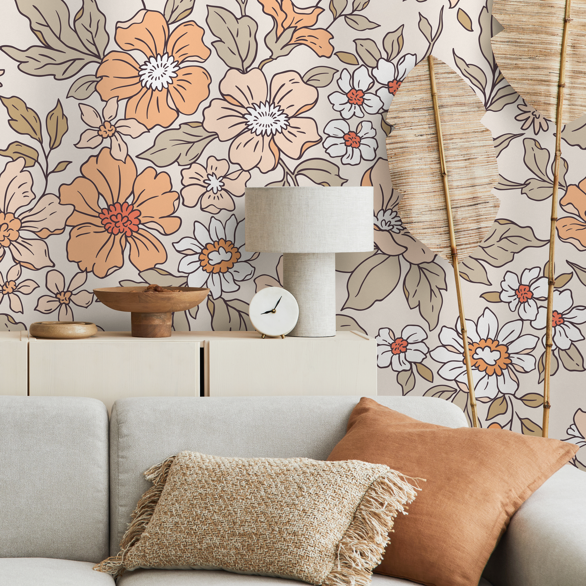 Vintage Wallpaper With A Retro Floral Motif In Peach, Orange, And Green - Zacv