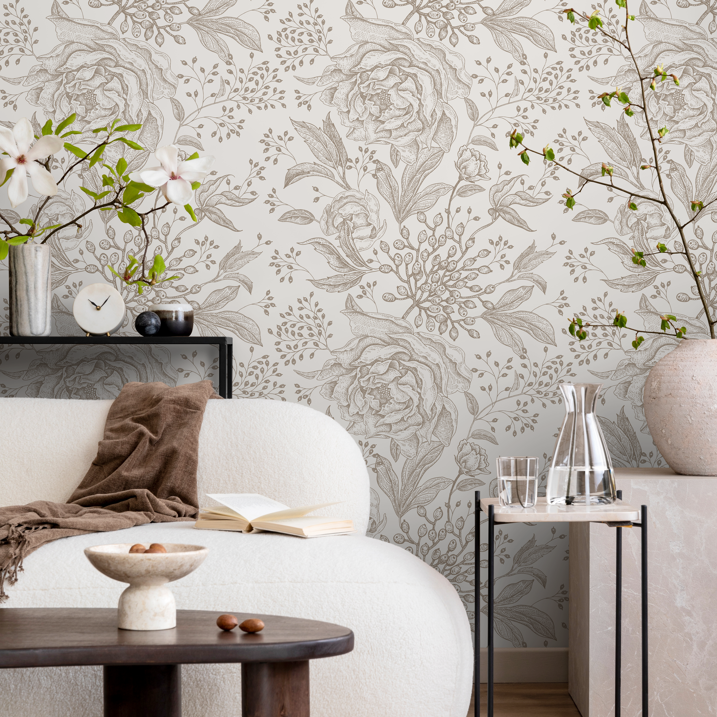 Floral Wallpaper Featuring Vintage Peonies In Taupe And Beige - Zacx