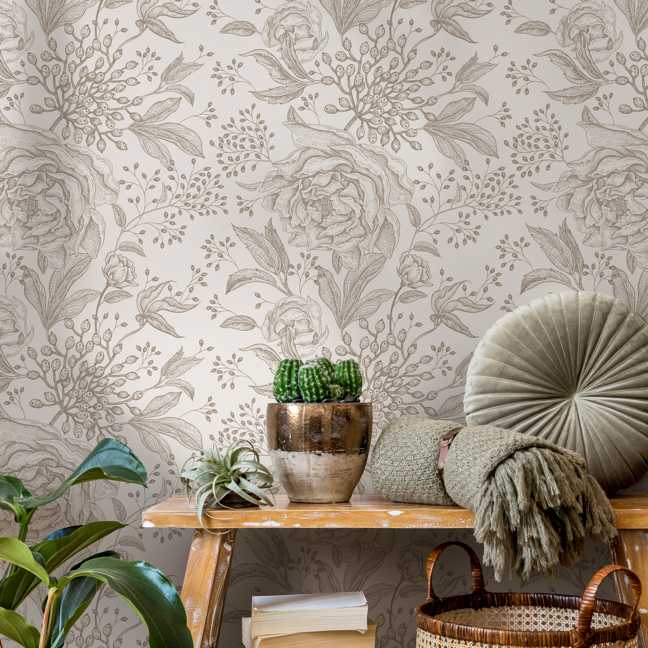 Floral Wallpaper Featuring Vintage Peonies In Taupe And Beige - Zacx