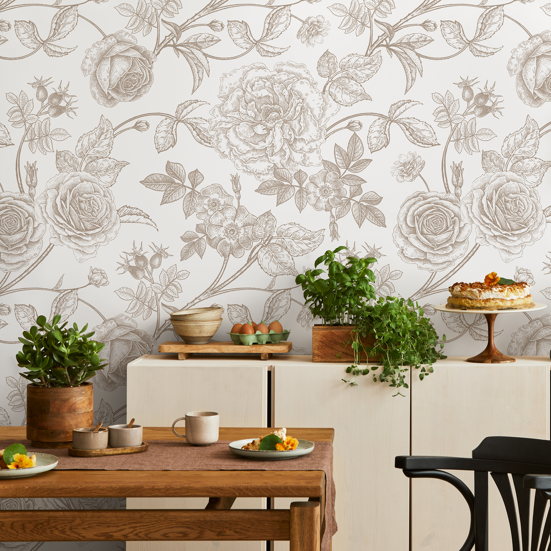 Floral Wallpaper With Vintage Roses And Peonies In Taupe Brown - Zacz