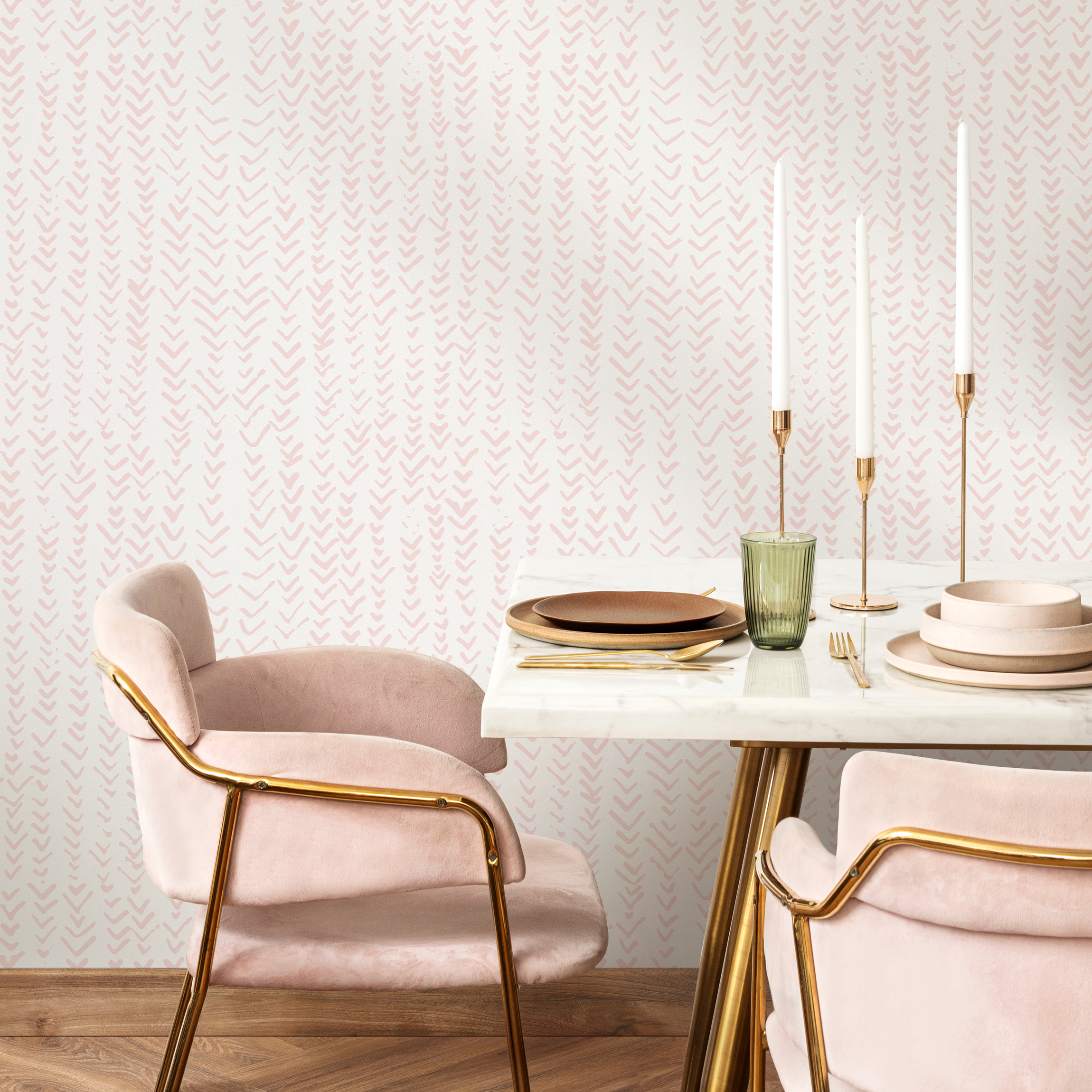 Boho Wallpaper With A Hand-drawn Herringbone Motif In Soft Pink - Zadc
